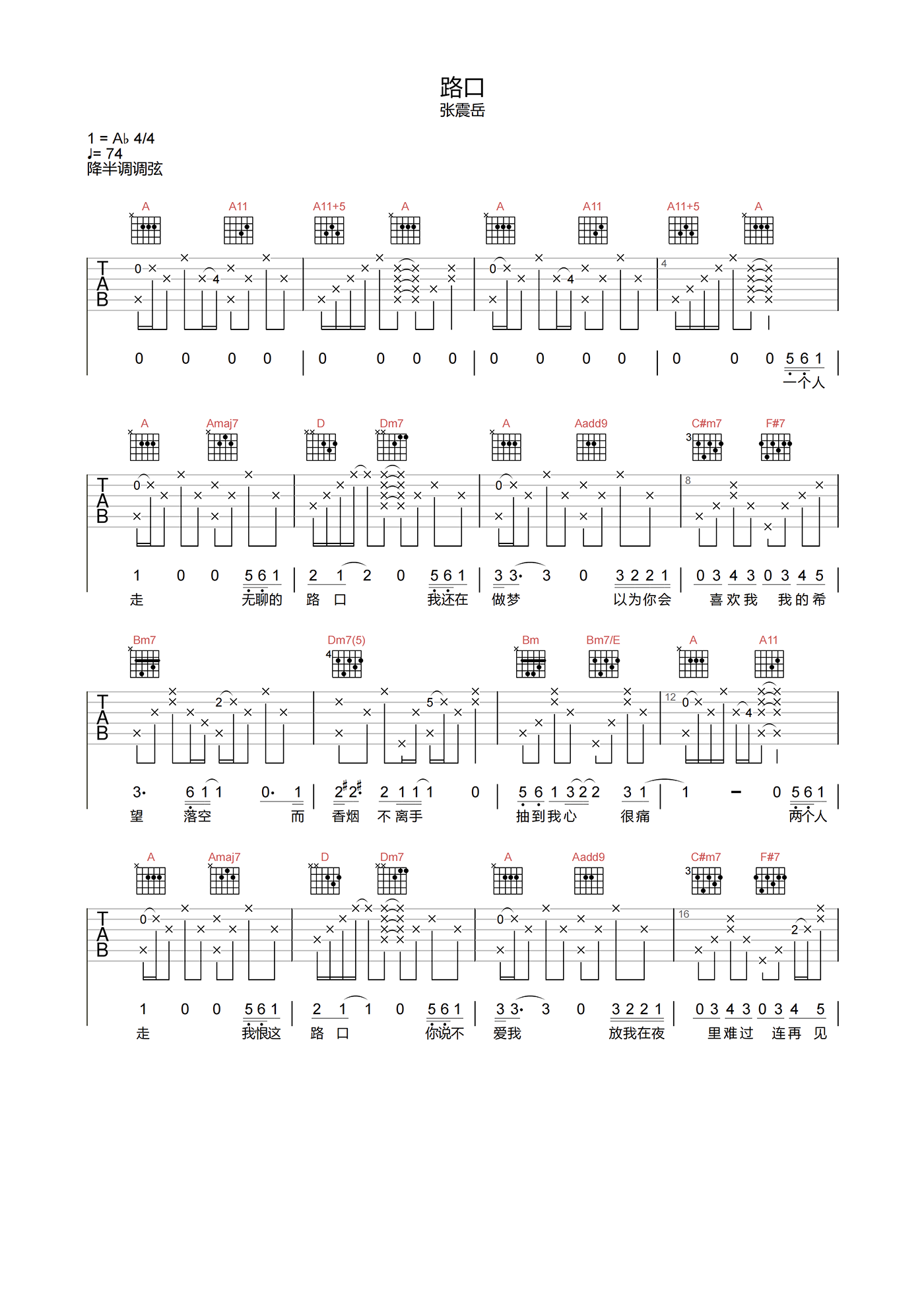 路口吉他谱_张震岳__路口_B调原版吉他弹唱谱
