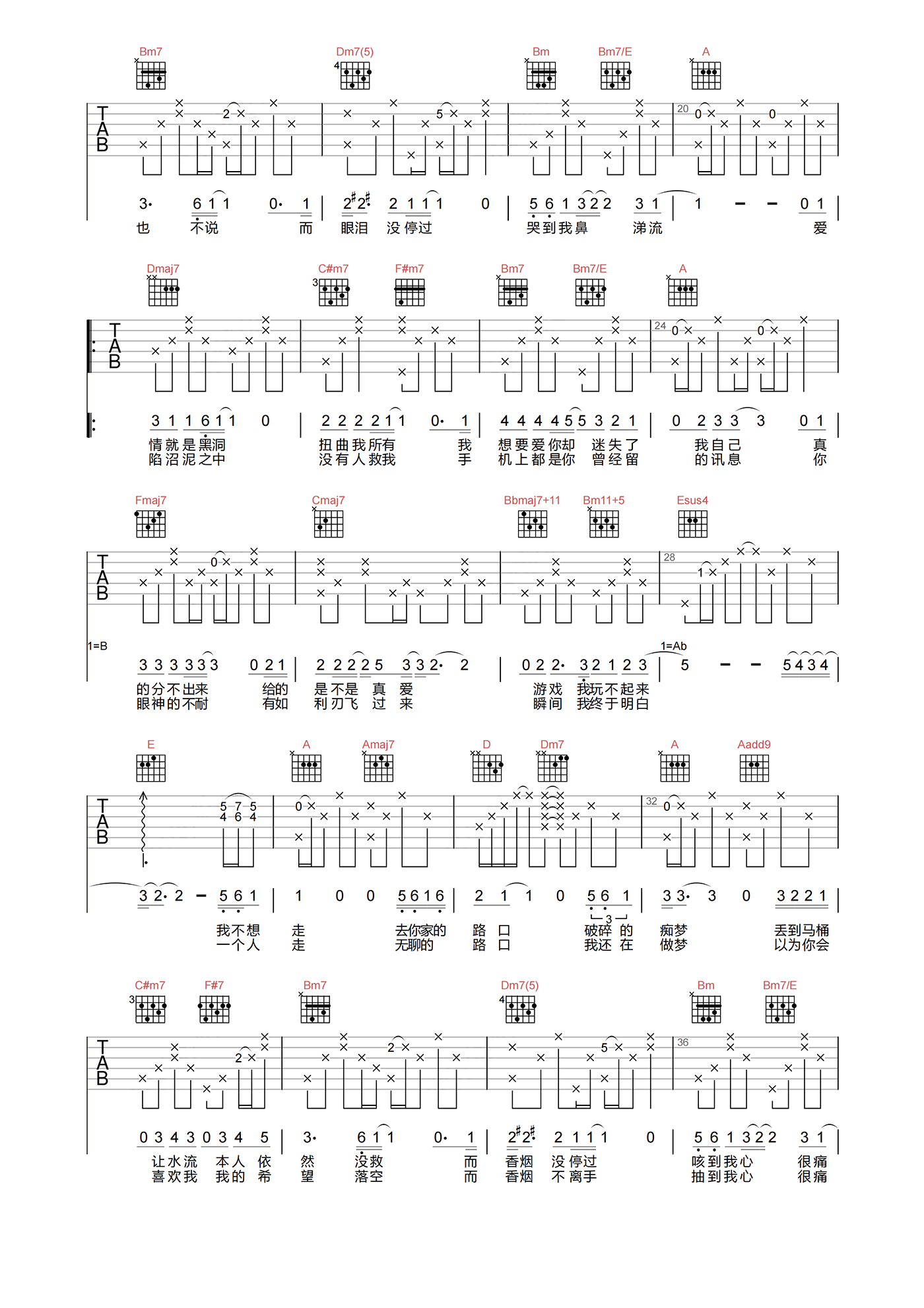 路口吉他谱_张震岳__路口_B调原版吉他弹唱谱