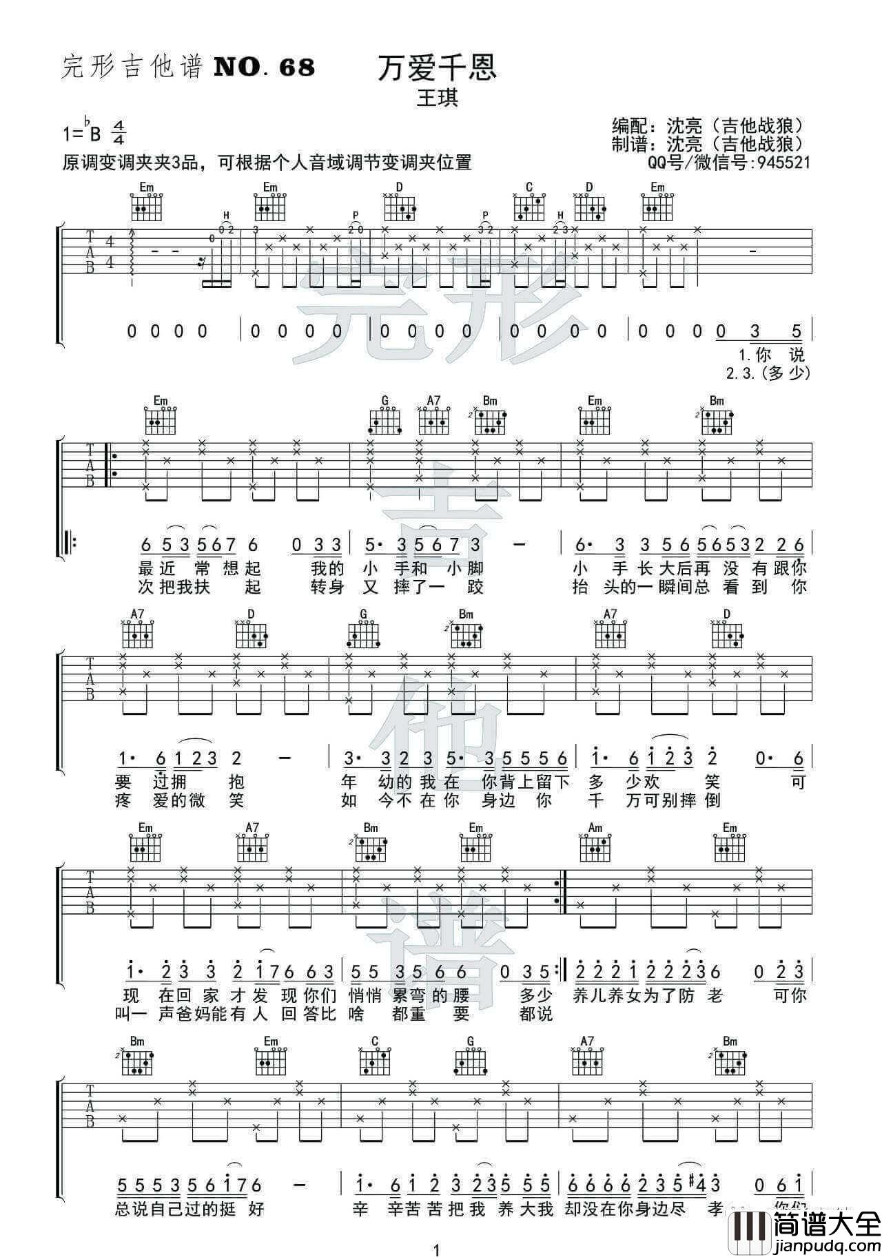 万爱千恩吉他谱_B调_王琪