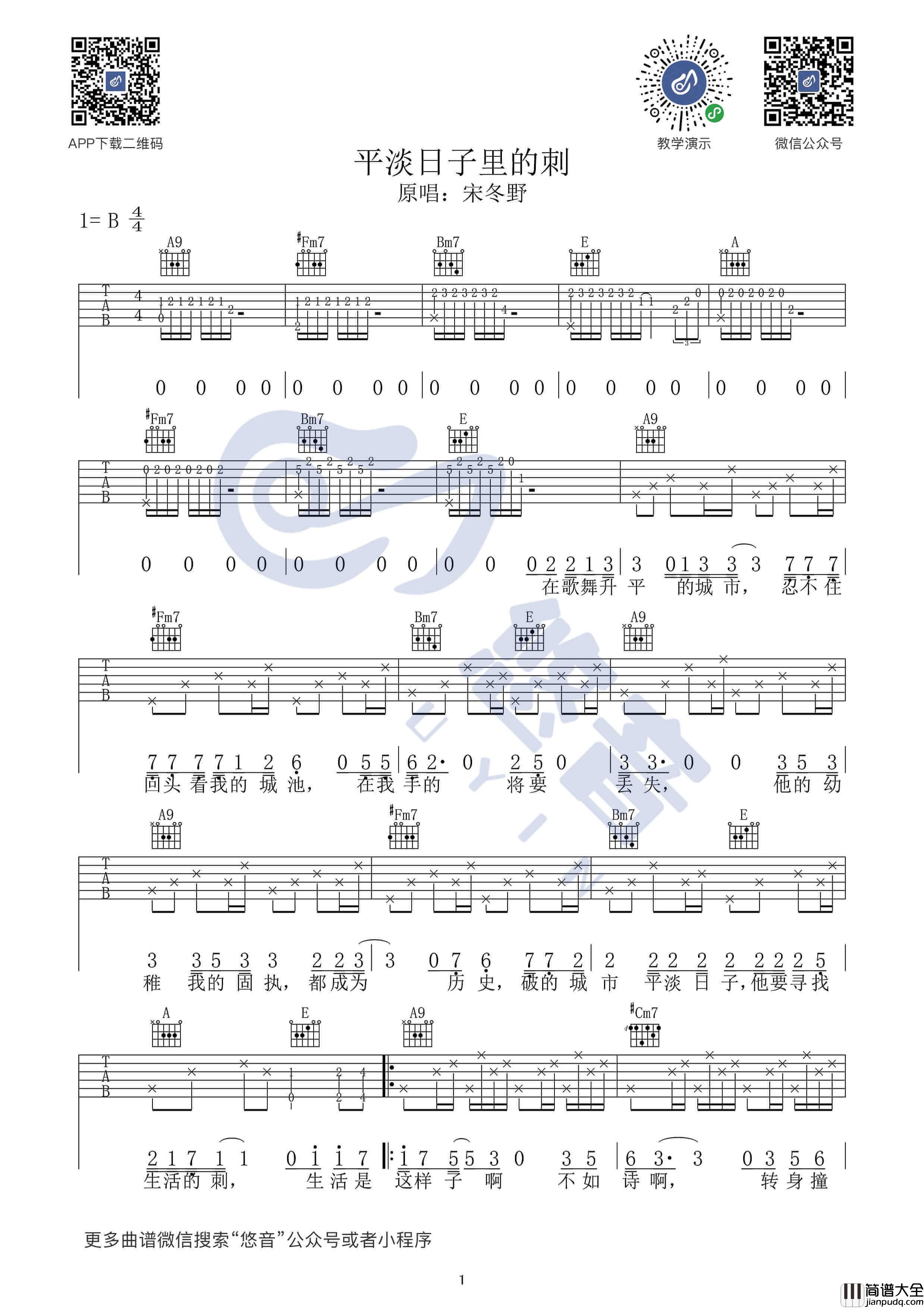 平淡日子里的刺吉他谱_B调原版_宋冬野