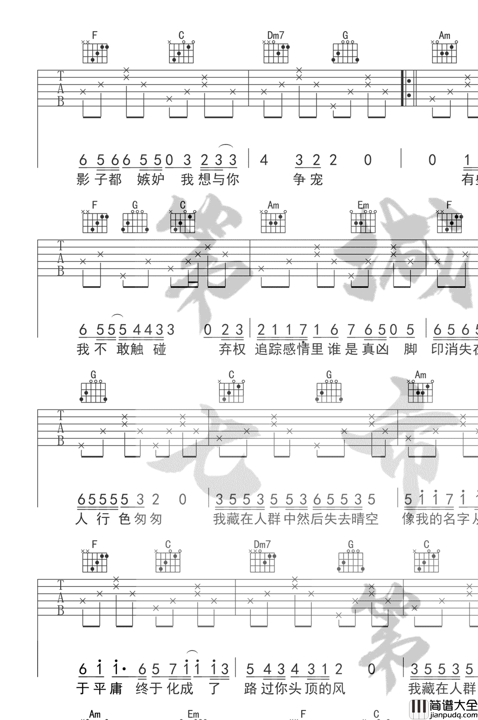 你头顶的风吉他谱_王小帅_C调弹唱谱