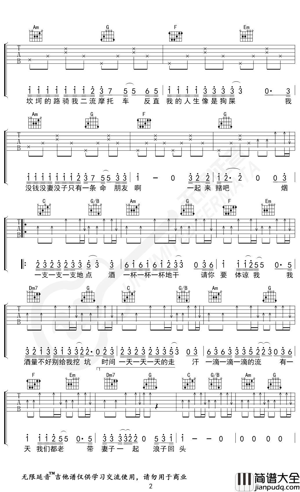 茄子蛋_浪子回头_吉他谱_弹唱谱_六线谱_C调_无限延音编配