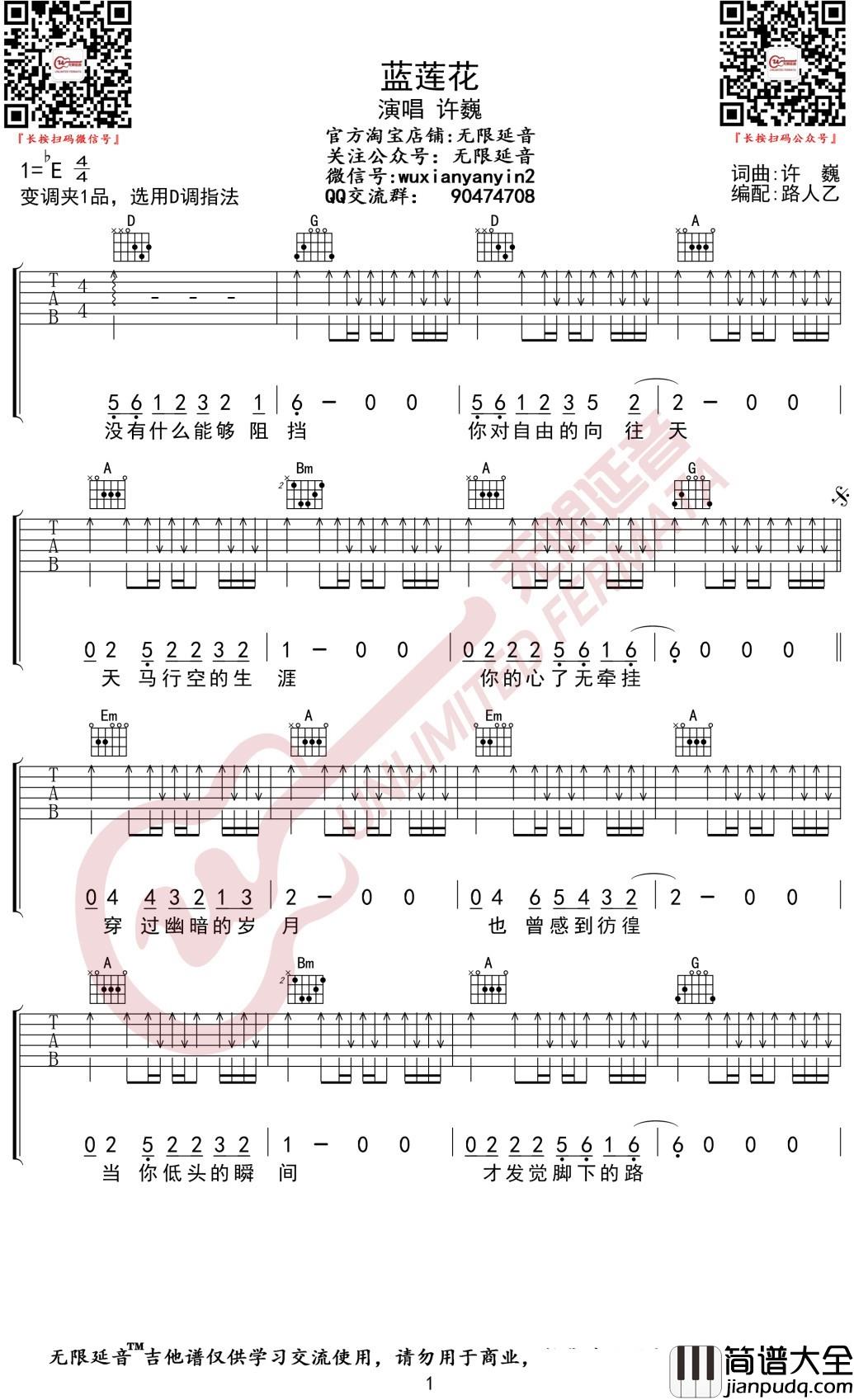 许巍_蓝莲花_吉他谱_D调弹唱谱