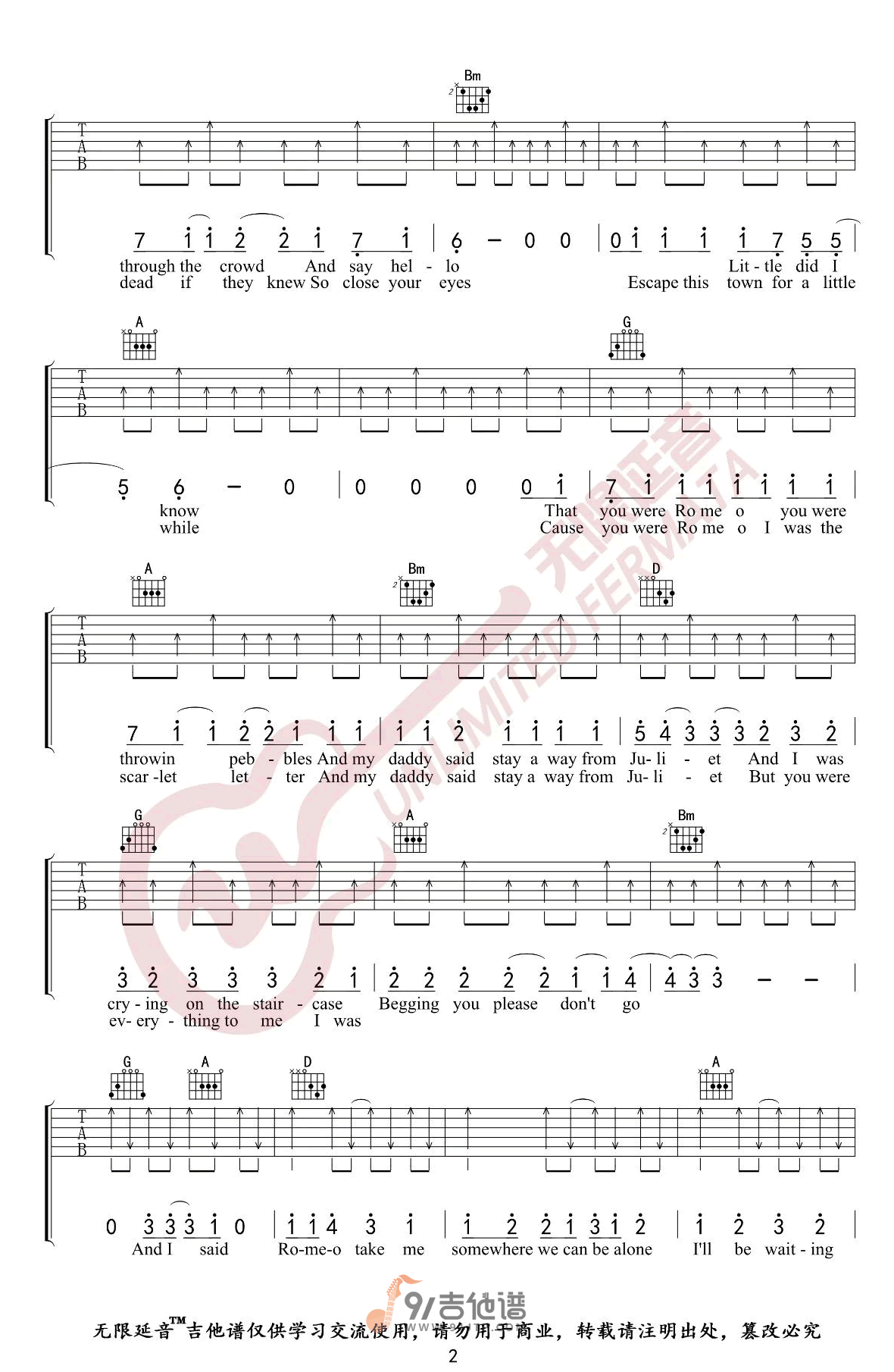 Taylor_Swift_Love_Story_吉他谱_D调指法原版编配_民谣吉他弹唱六线谱