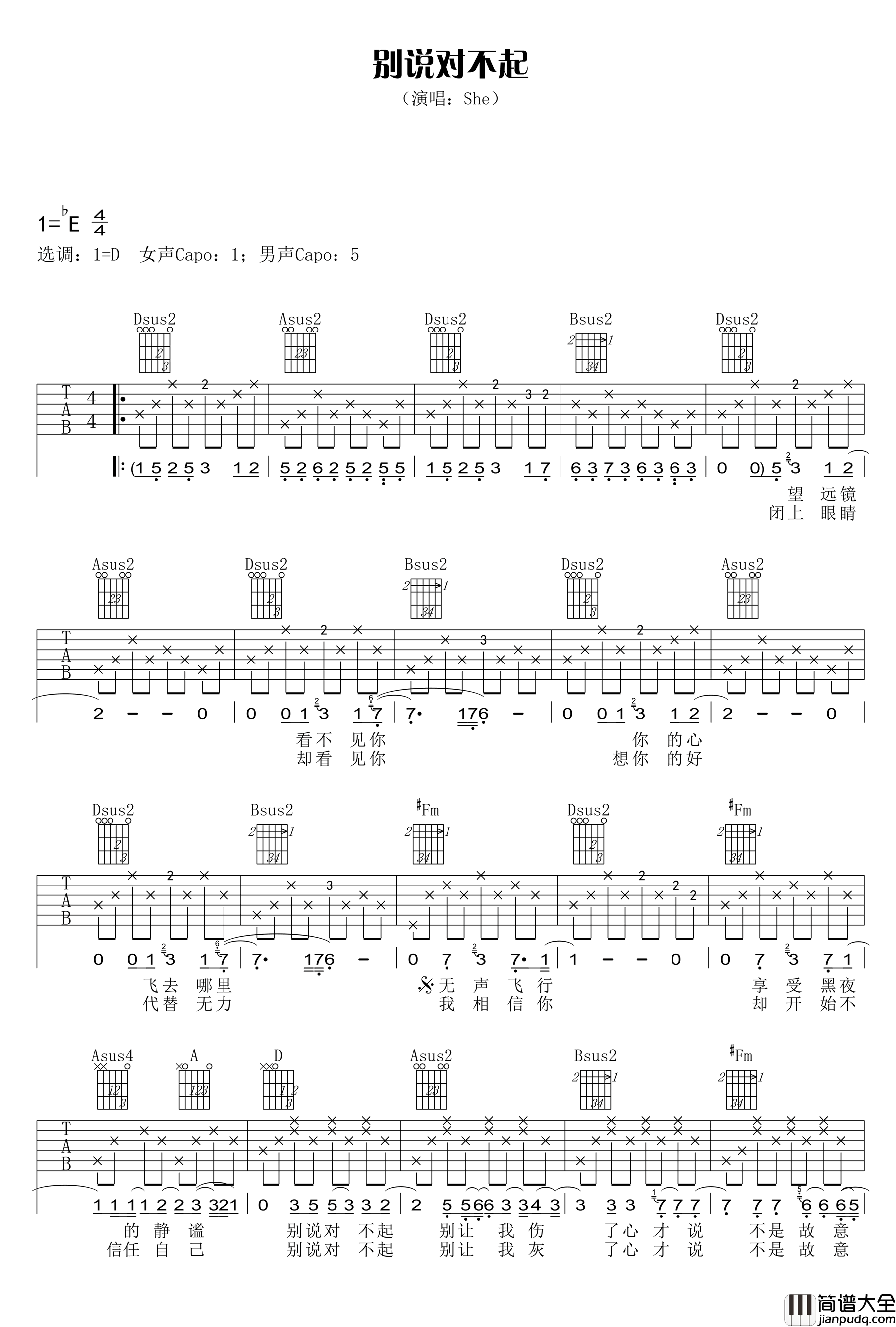 别说对不起_SHE_D调弹唱谱完整_吉他谱_晨熙_吉他图片谱_高清