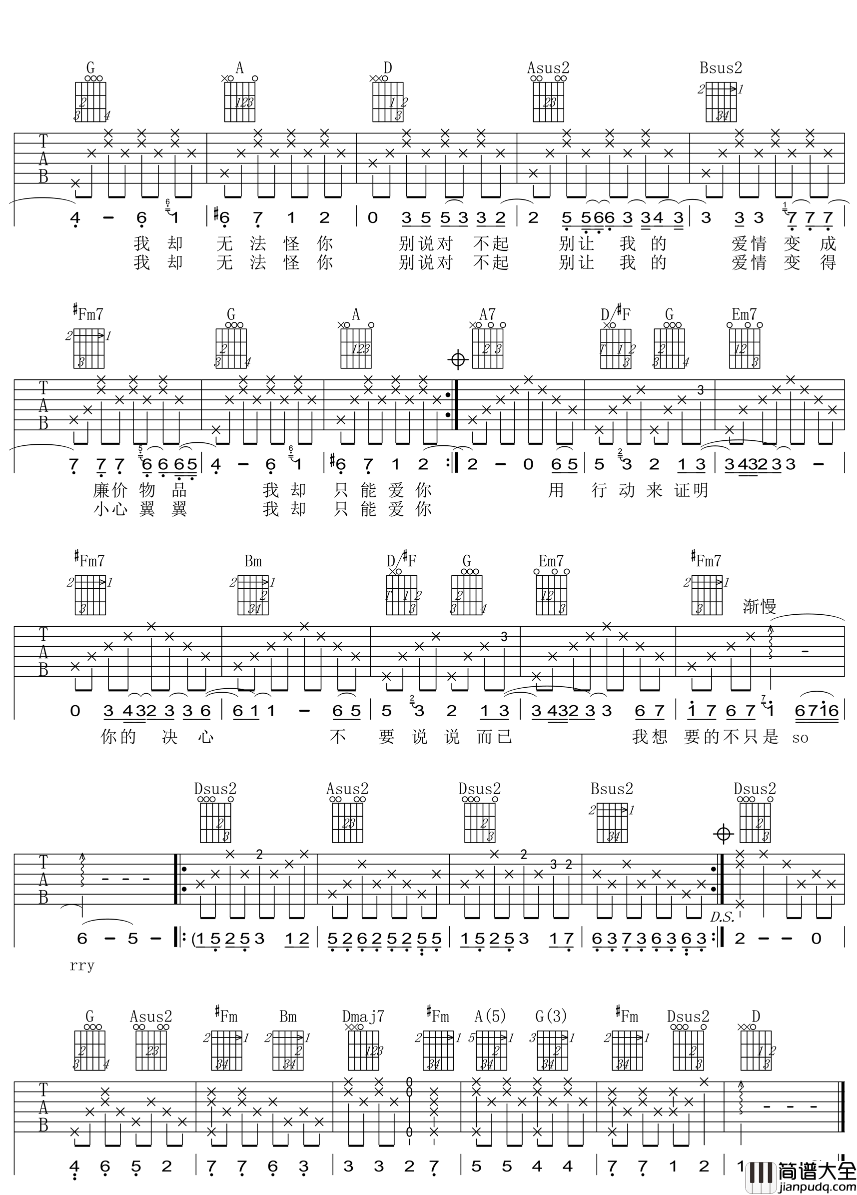 别说对不起_SHE_D调弹唱谱完整_吉他谱_晨熙_吉他图片谱_高清