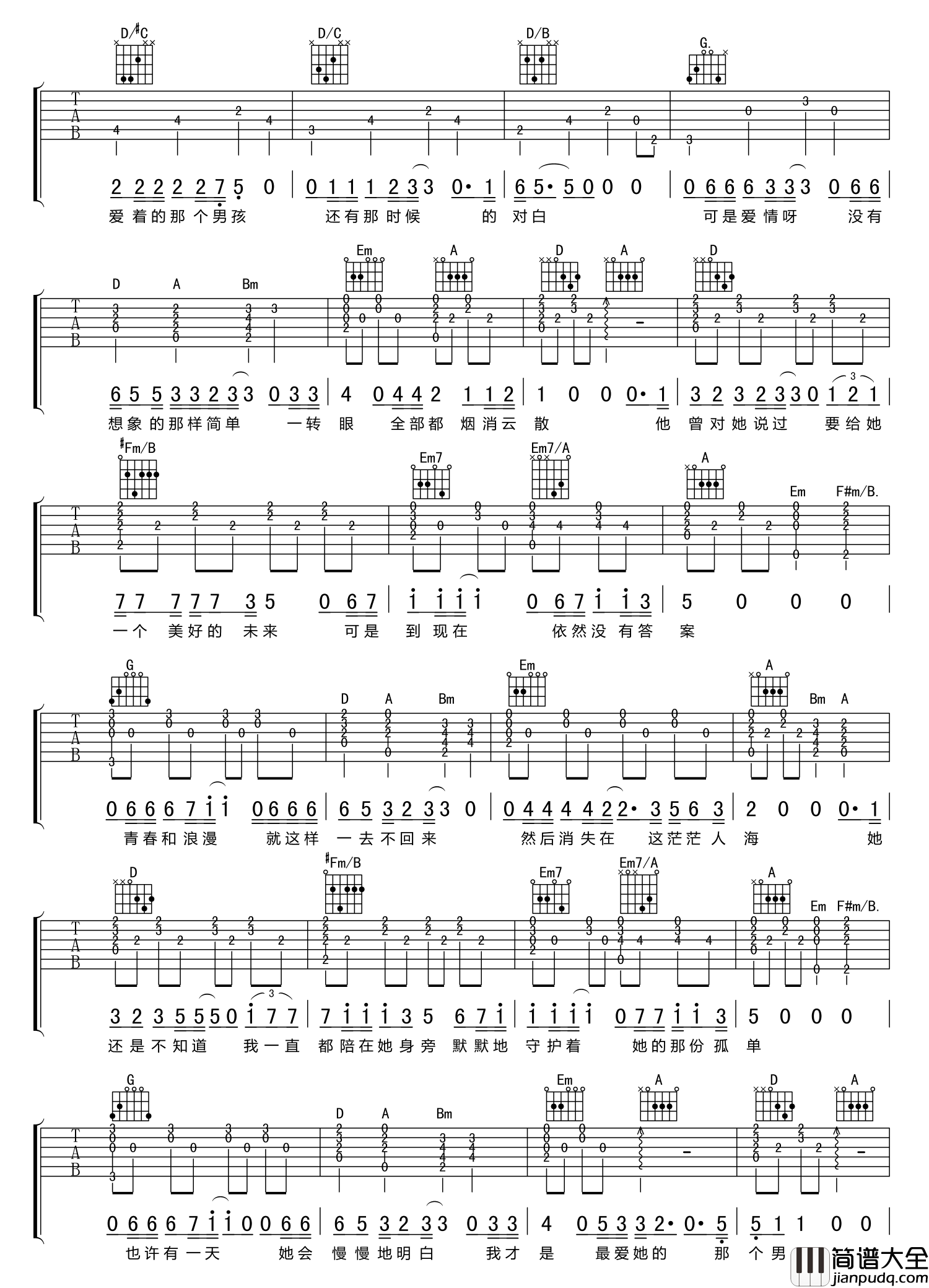 杜小曼_刘小天_D调弹唱谱标准版_吉他谱_刘小天_吉他图片谱_高清