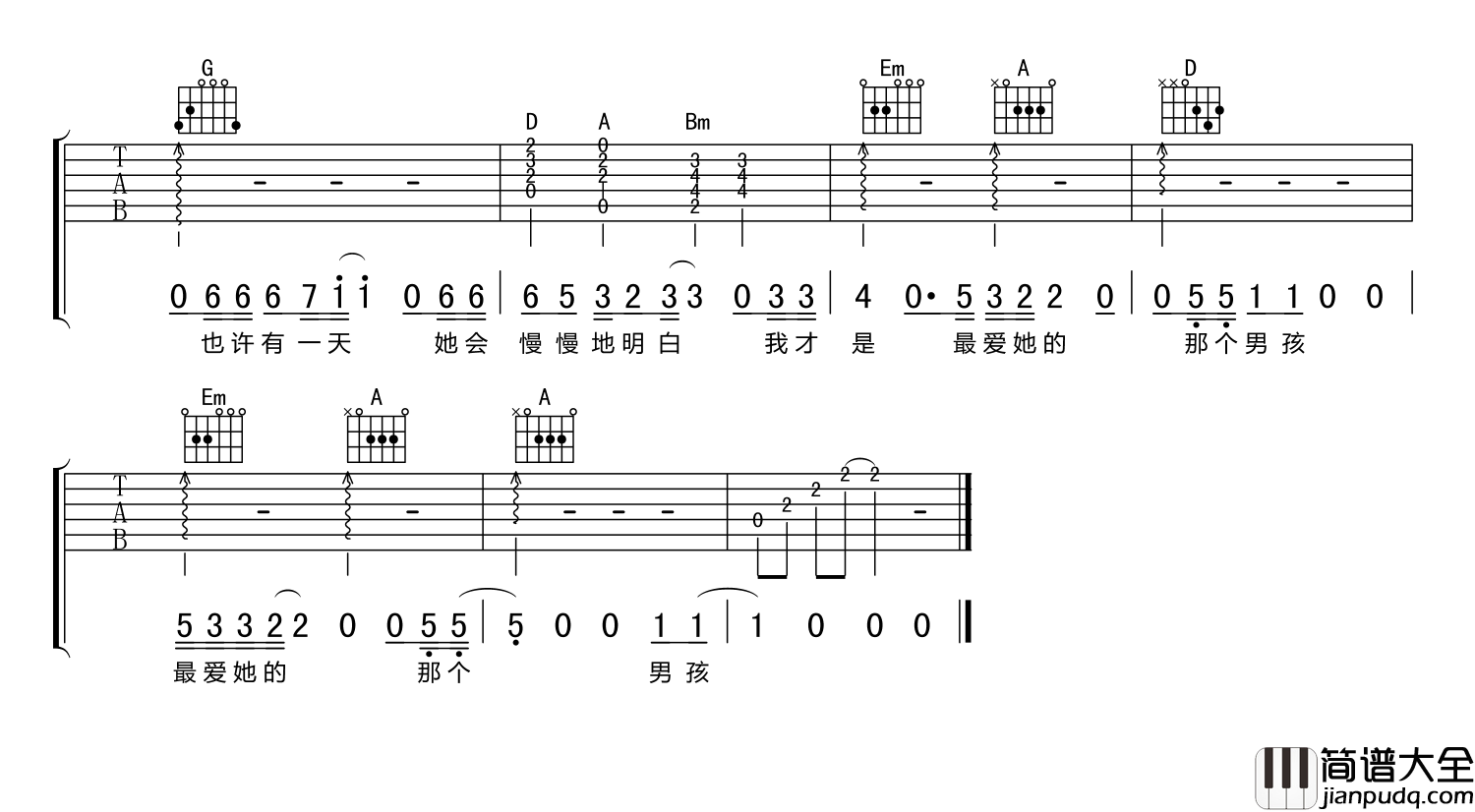 杜小曼_刘小天_D调弹唱谱标准版_吉他谱_刘小天_吉他图片谱_高清