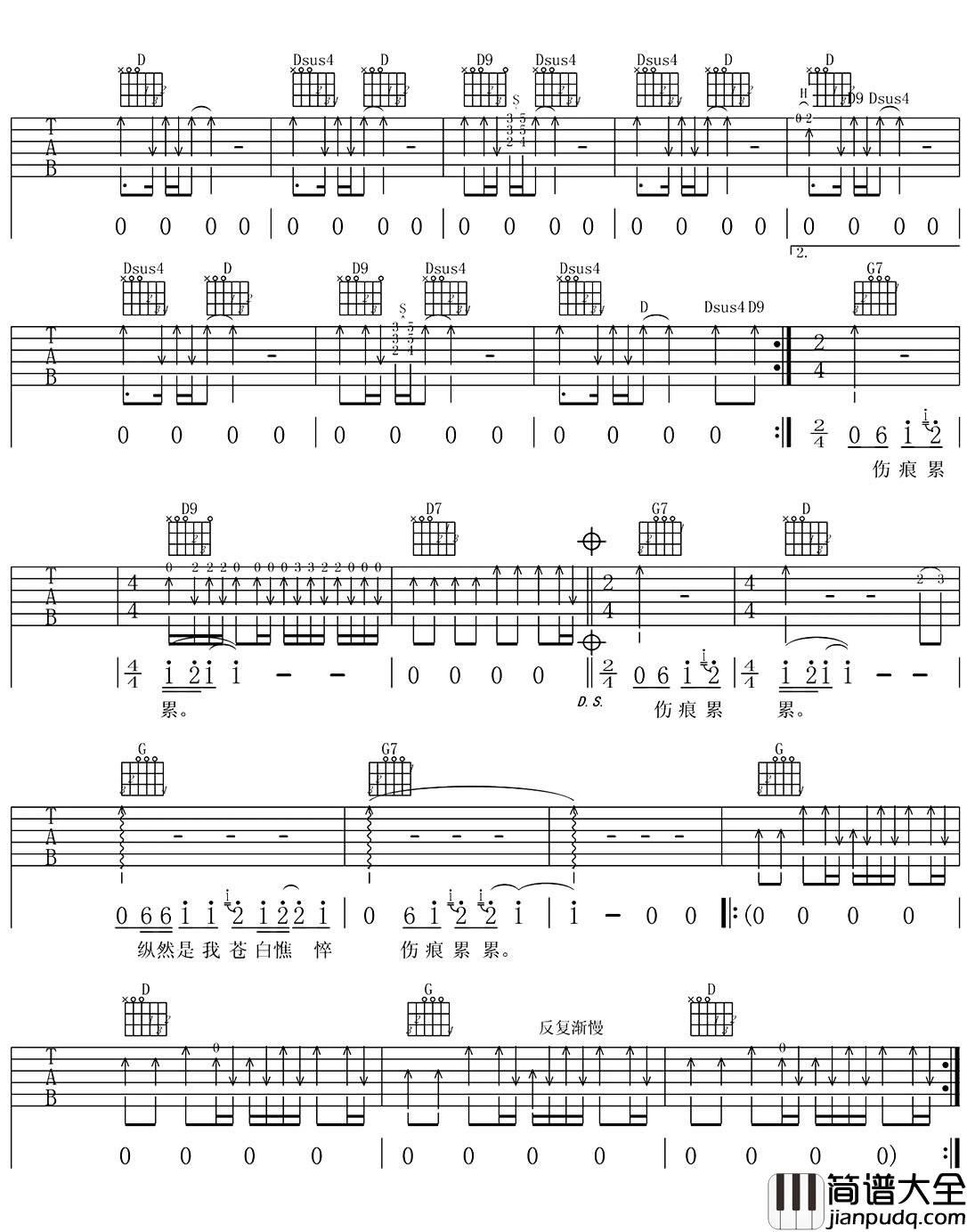 执着_许巍_D调弹唱谱_六线谱完整版_吉他谱_田震_吉他图片谱_高清