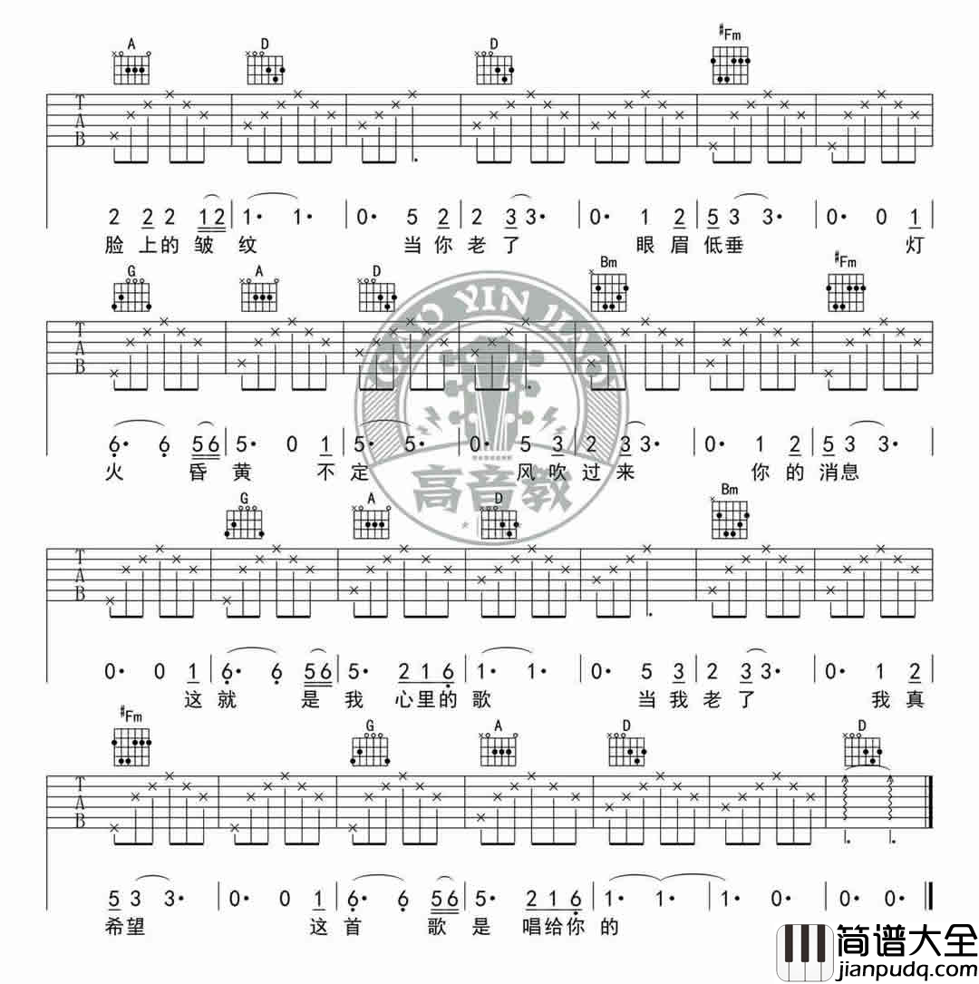 当你老了_D调图片谱标准版_吉他谱_赵照_吉他图片谱_高清