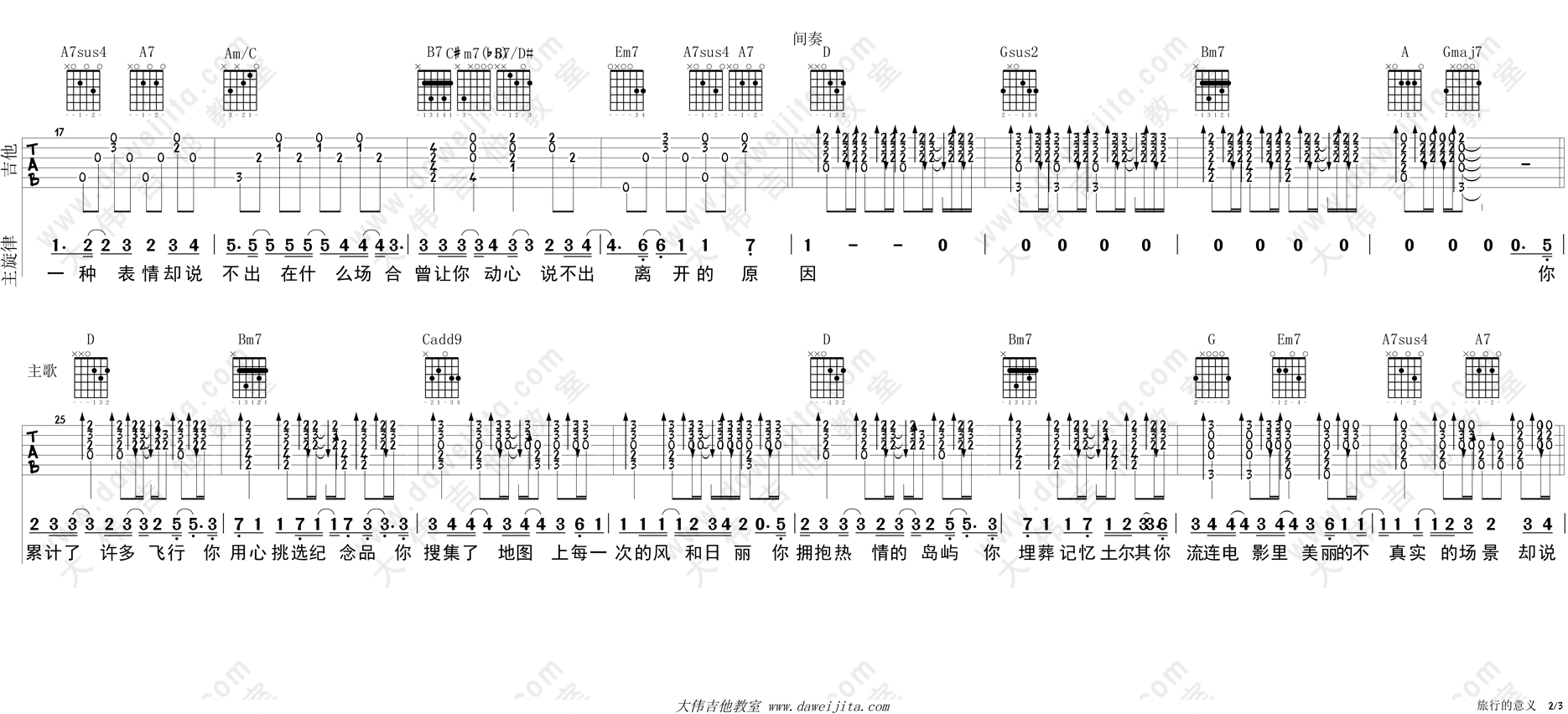陈绮贞_旅行的意义_吉他谱(D调)_Guitar_Music_Score