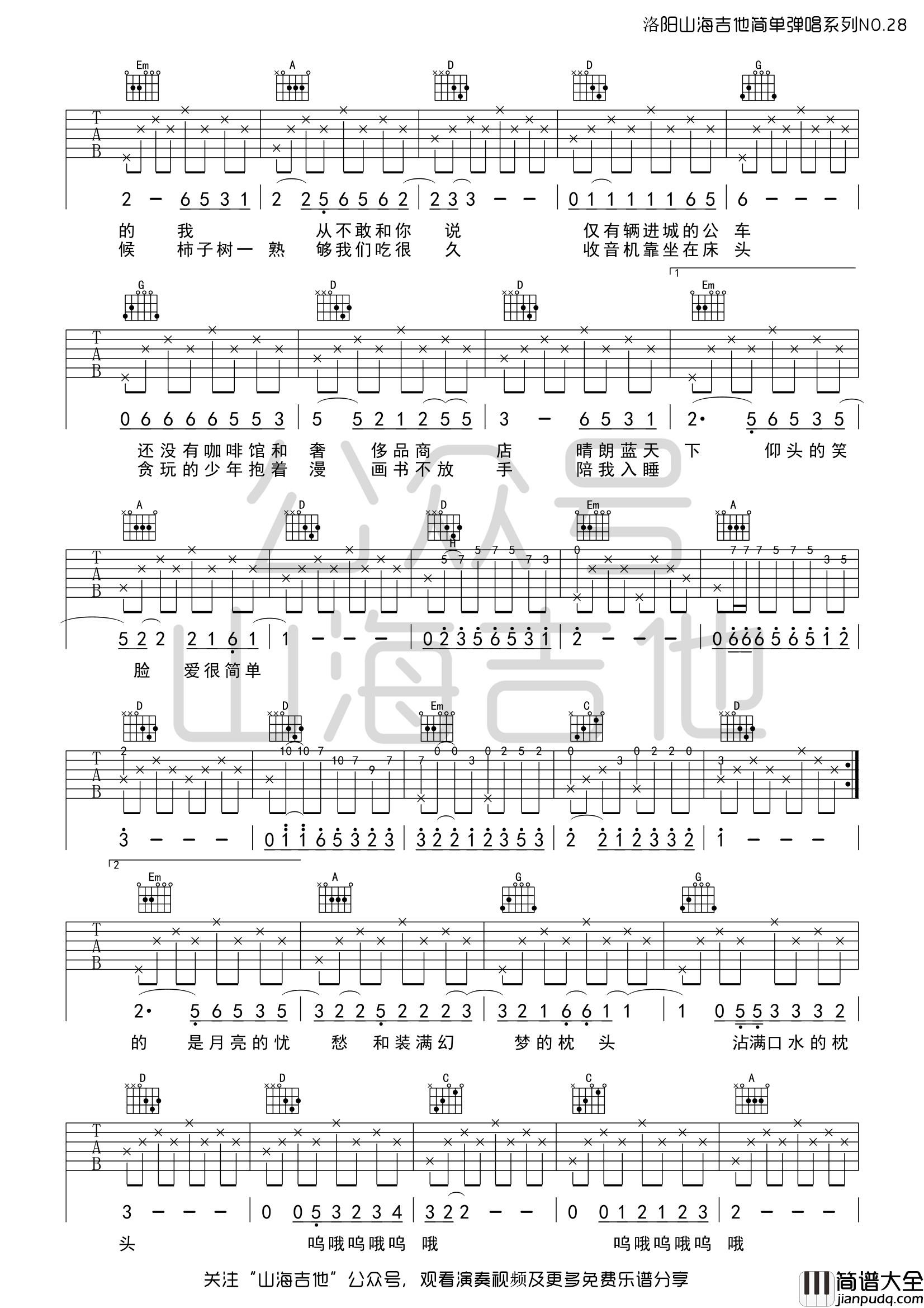 少年锦时吉他谱_赵雷_D调原调简单版吉他六线谱