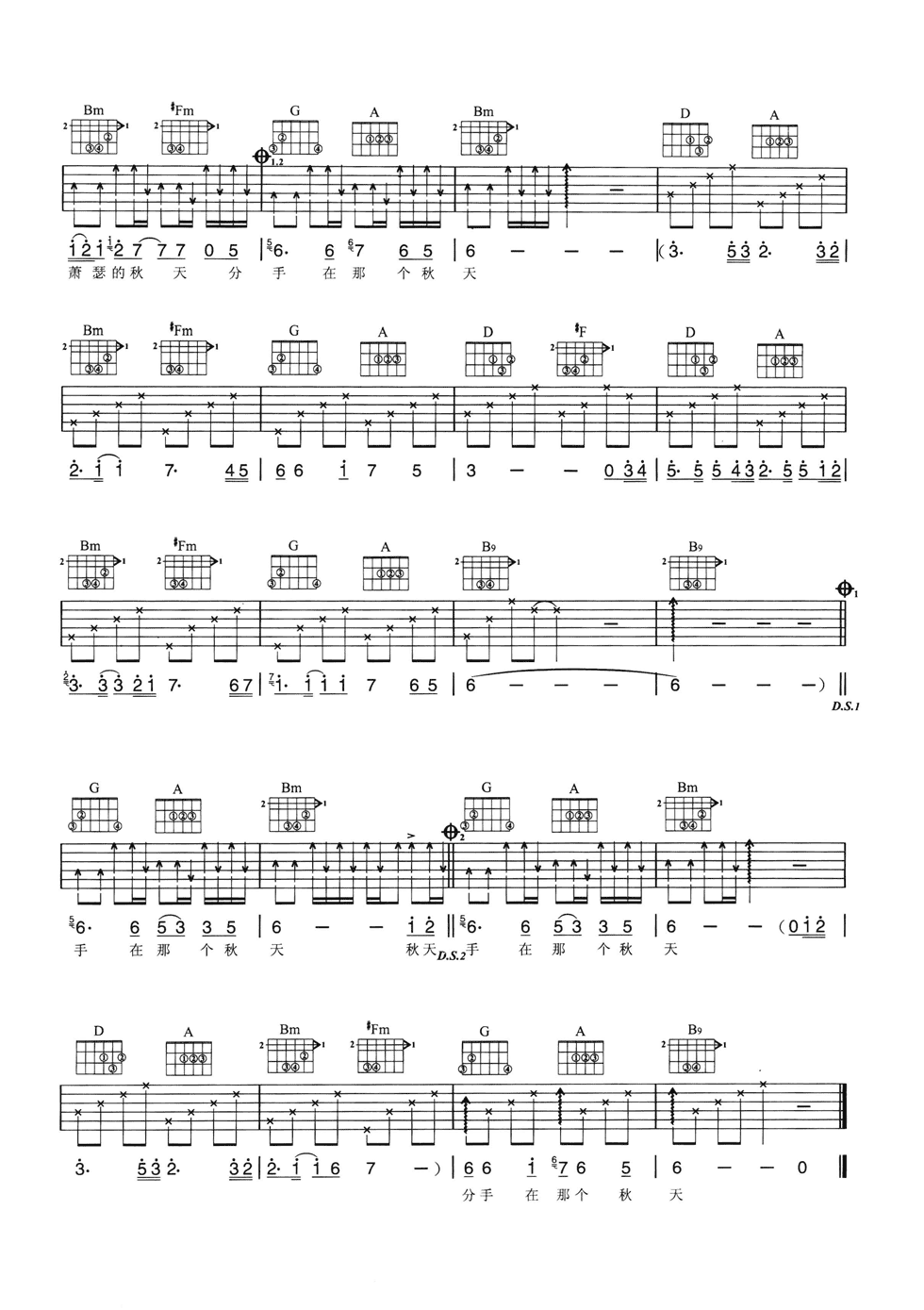 分手在那个秋天吉他谱_D调六线谱_简单版_浩瀚