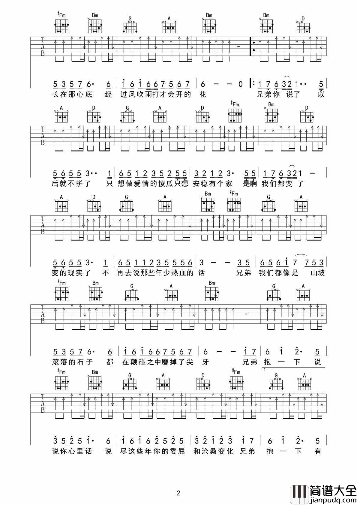 兄弟抱一下吉他谱_D调_左岸吉他编配_庞龙