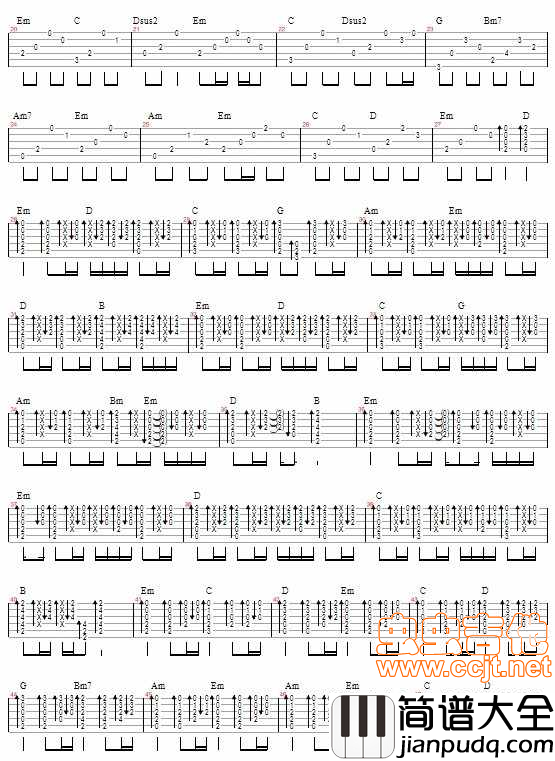 死心塌地吉他谱_D调六线谱_虫虫吉他编配_夹子道