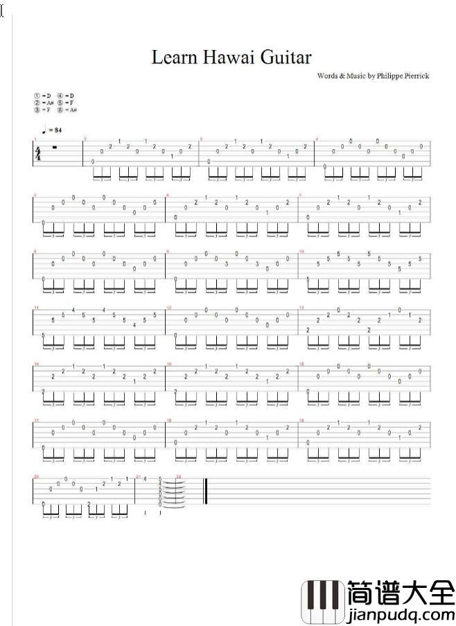 夏威夷吉他指弹谱_D调原版_六线谱_马念先