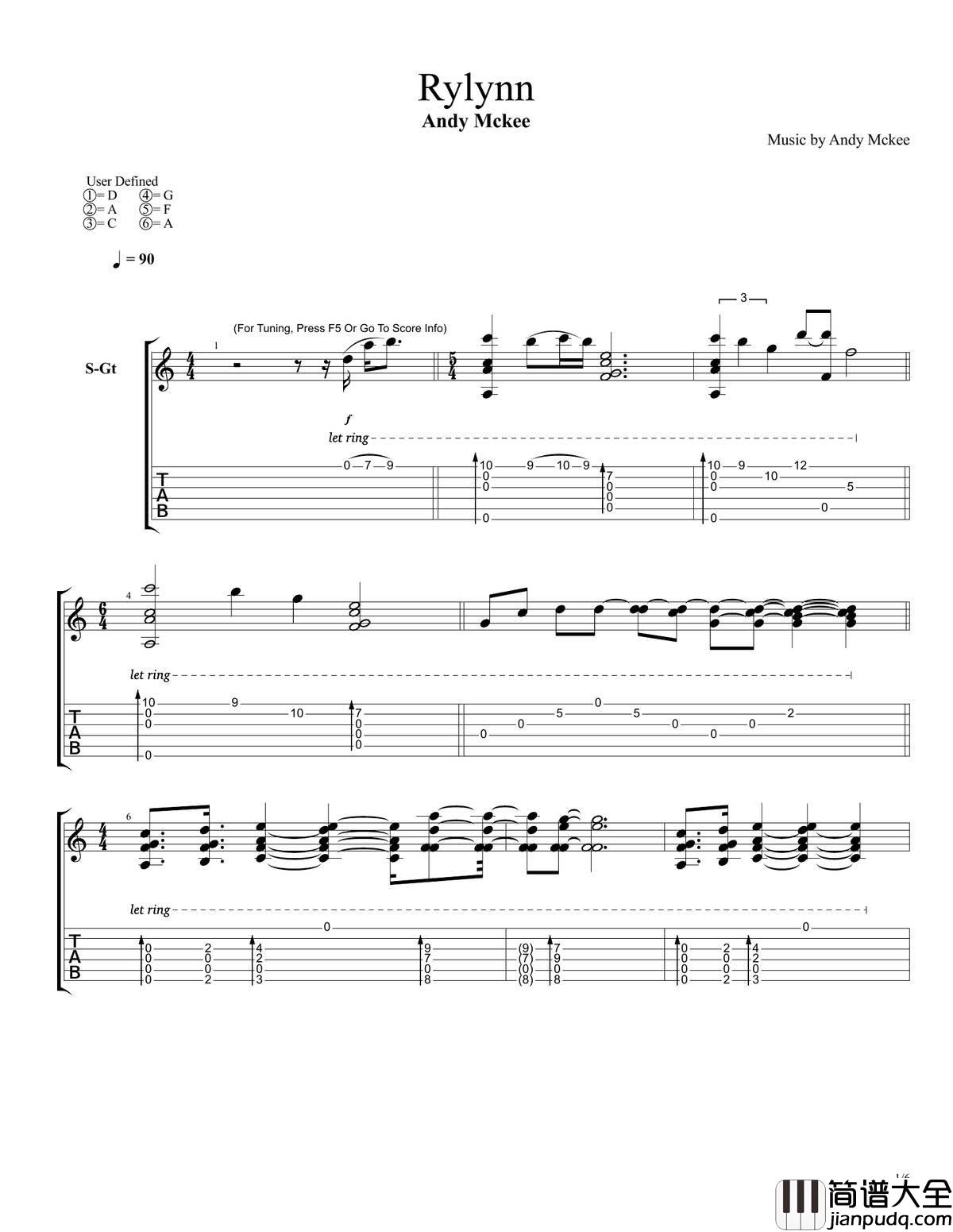 rylynn指弹谱_D调六线谱_音乐之家编配_Andy_McKee