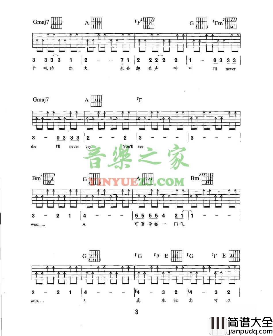 我是愤怒扫弦吉他谱_D调扫弦版_音乐之家编配_Beyond