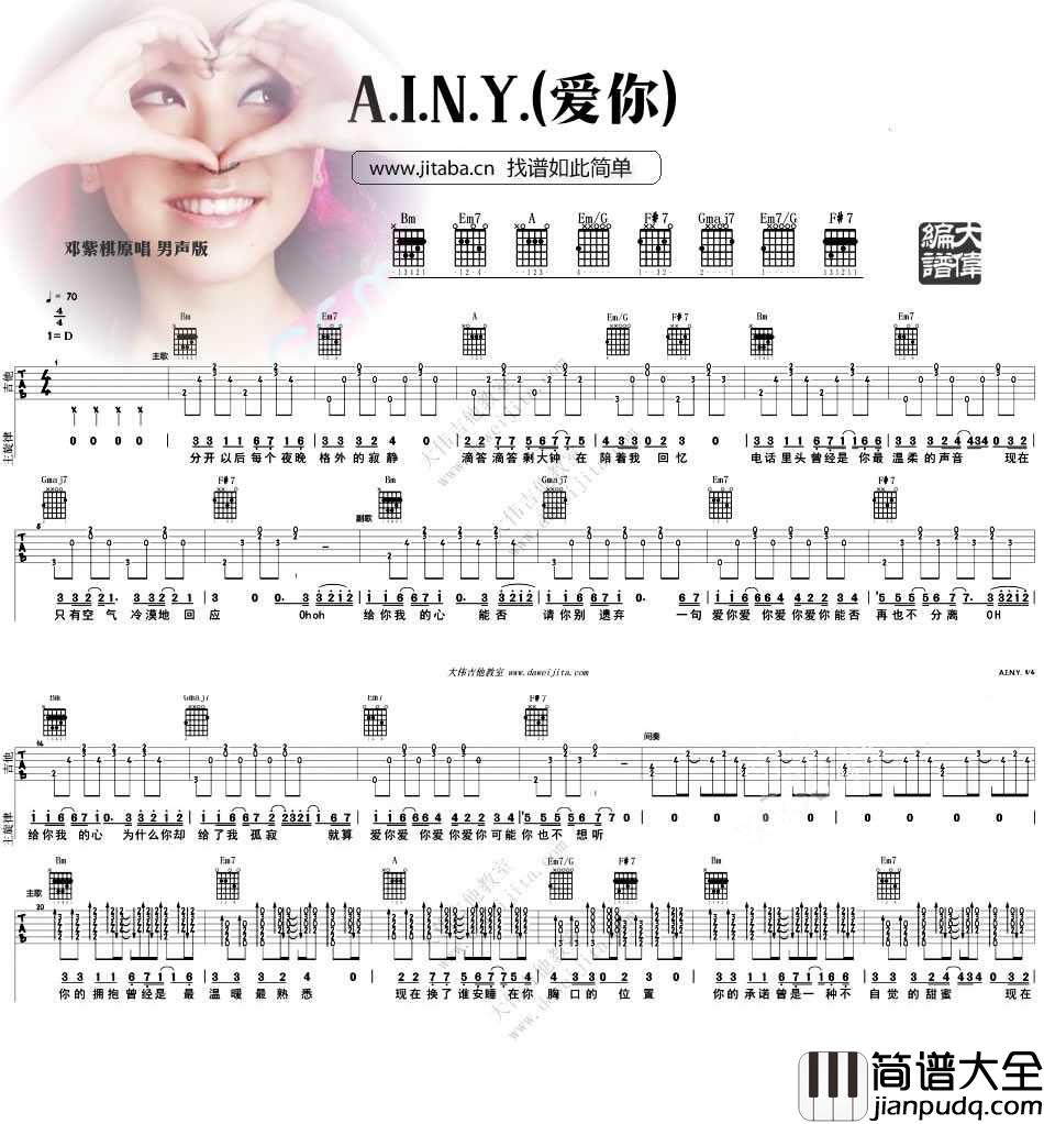 AINY爱你吉他谱_D调男生版_大伟吉他教室编配_邓紫棋