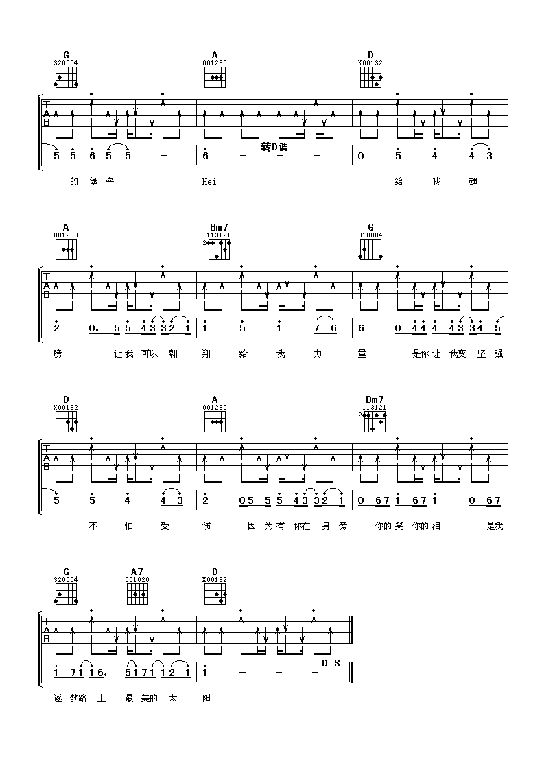 最美的太阳吉他谱_D调男生版_阿潘音乐工场编配_张杰