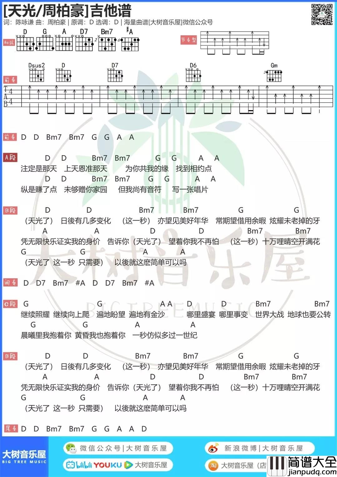 天光吉他谱_D调和弦谱_大树音乐屋编配_周柏豪
