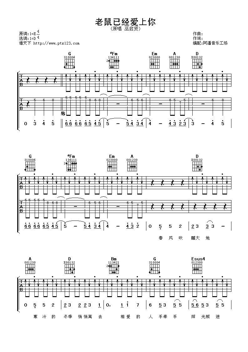 老鼠已经爱上你吉他谱_D调扫弦版_阿潘音乐工场编配_巫启贤