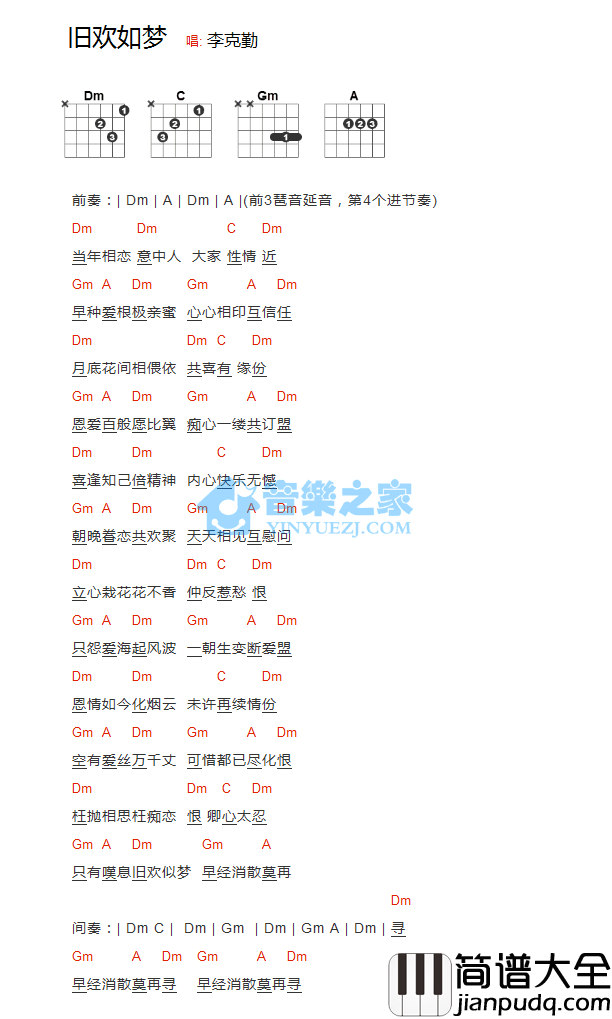旧欢如梦吉他谱_D调和弦谱_音乐之家编配_李克勤