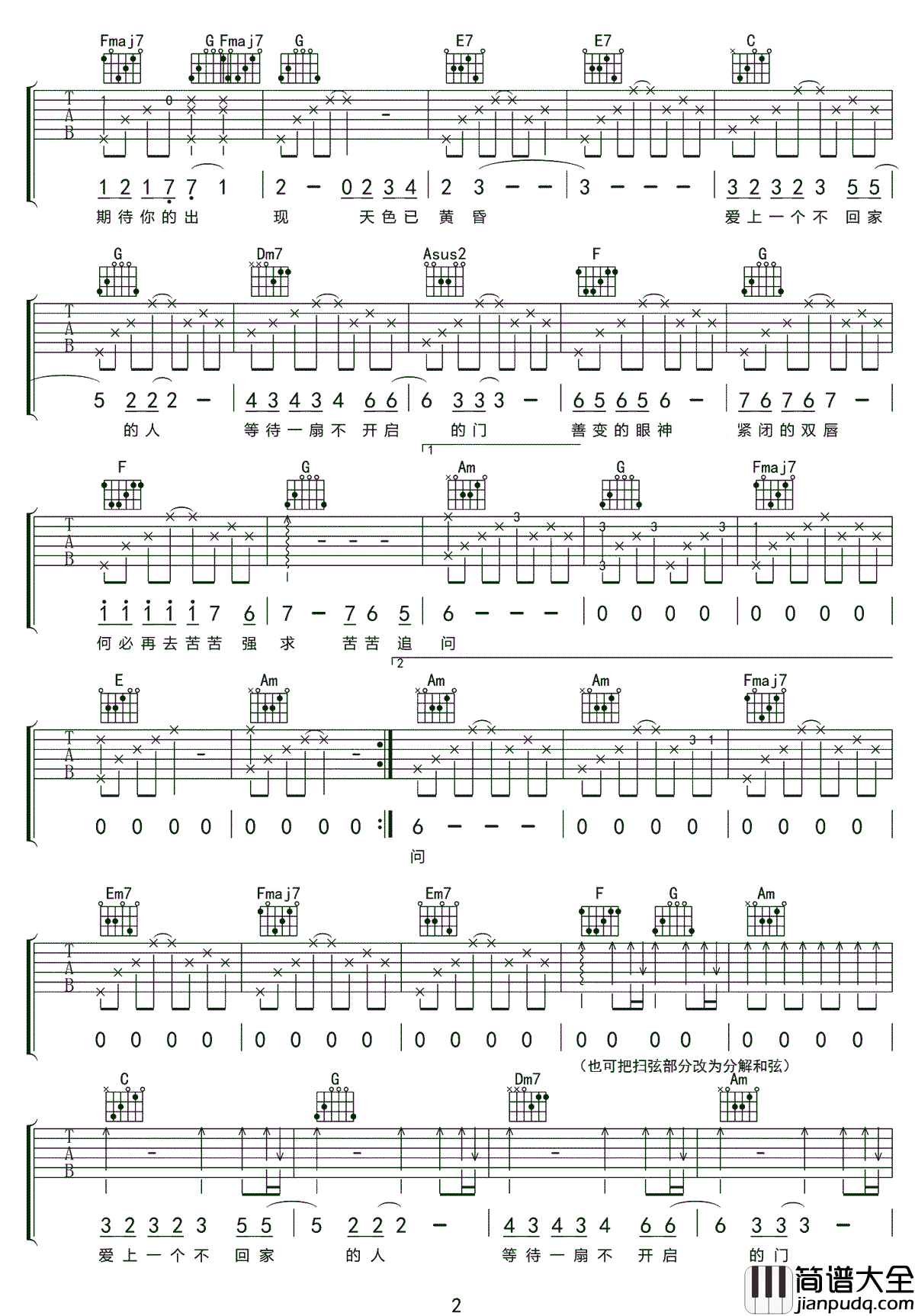 爱上一个不回家的人吉他谱_D调六线谱_附前奏_林忆莲