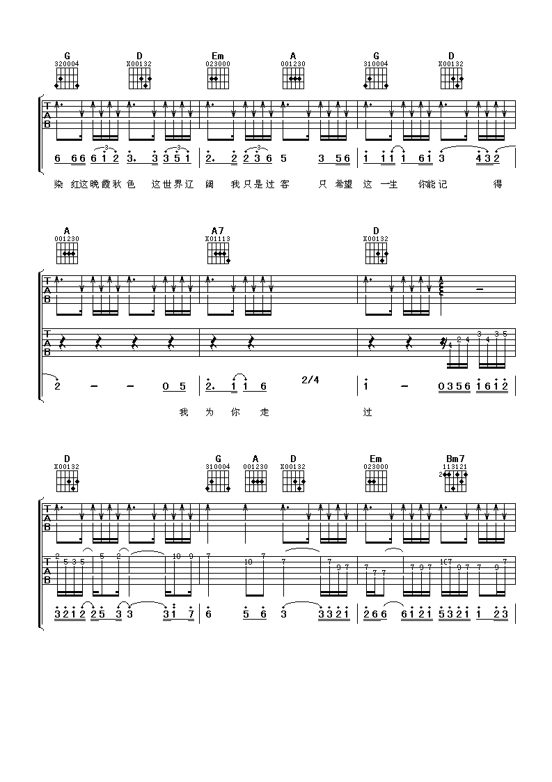 我为你走过吉他谱_D调扫弦版_阿潘音乐工场编配_满文军