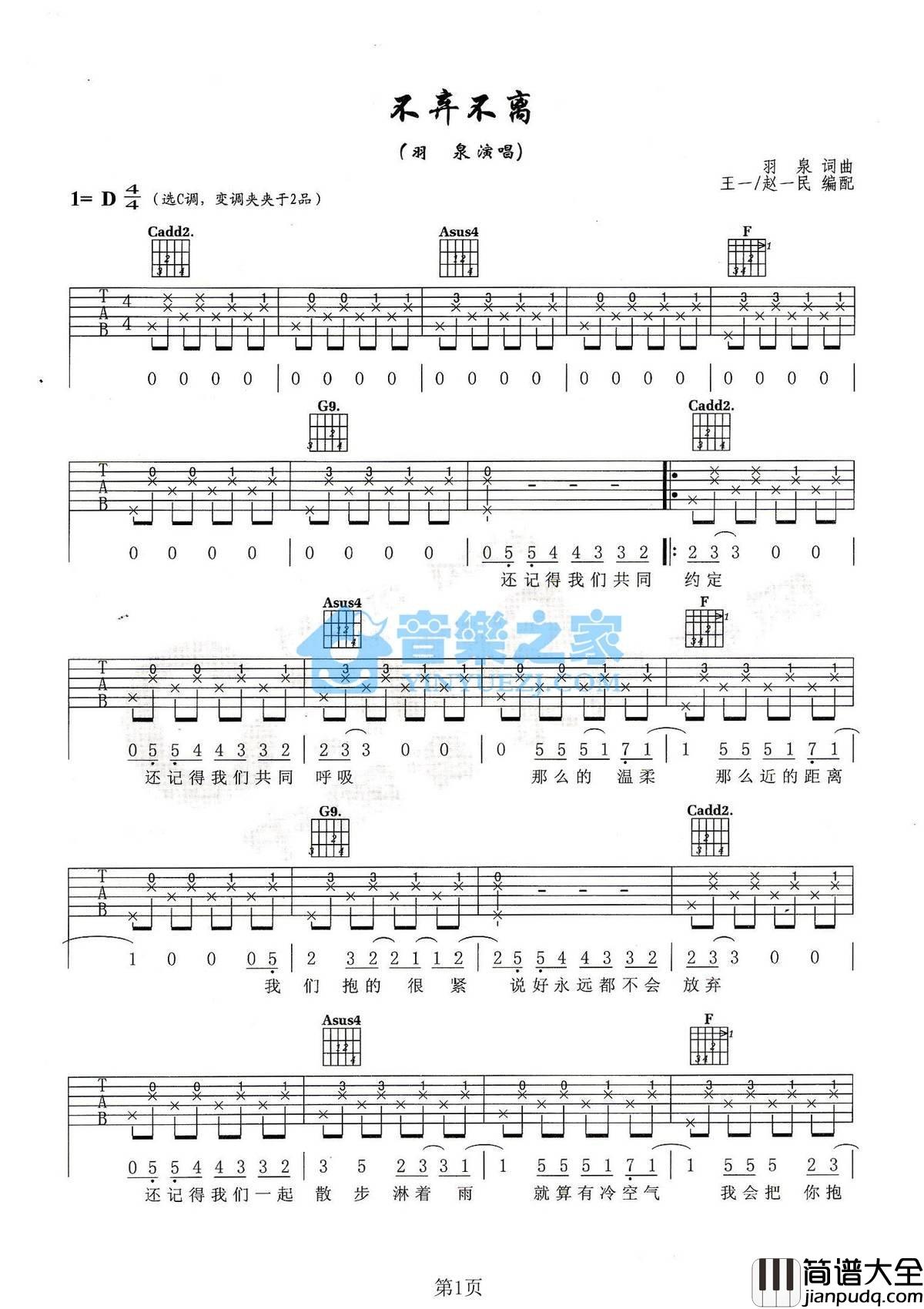 不离不弃吉他谱_D调六线谱_音乐之家编配_羽泉