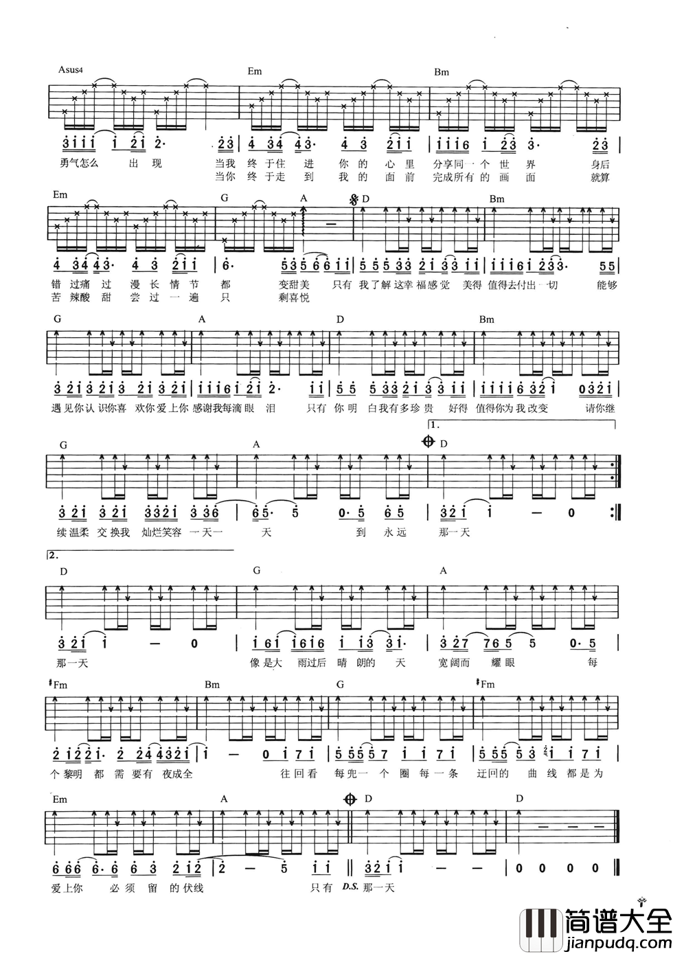只为爱上你吉他谱_D调六线谱_简单版_S.H.E
