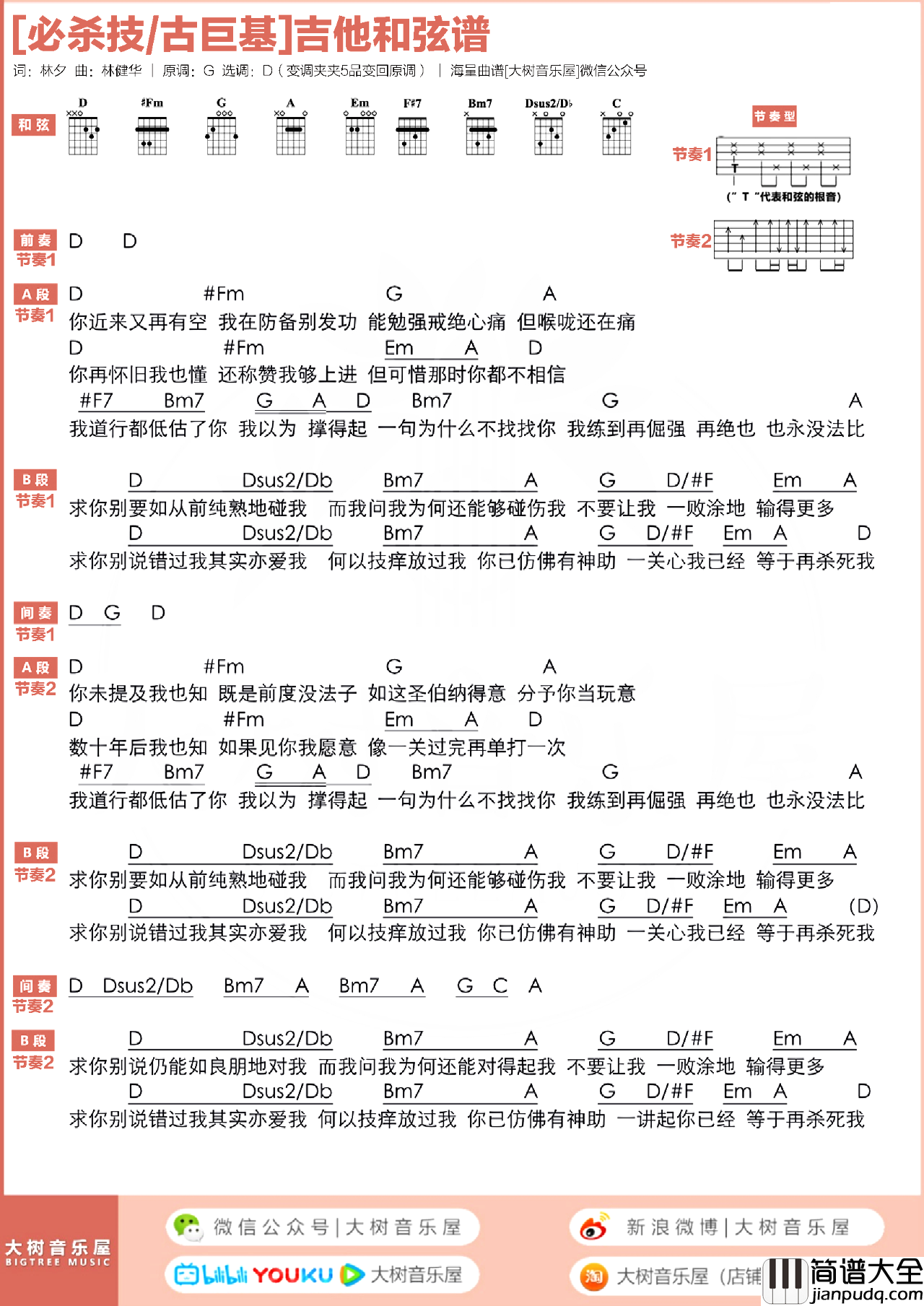 必杀技吉他谱_古巨基_D调超原版_弹唱演示教学