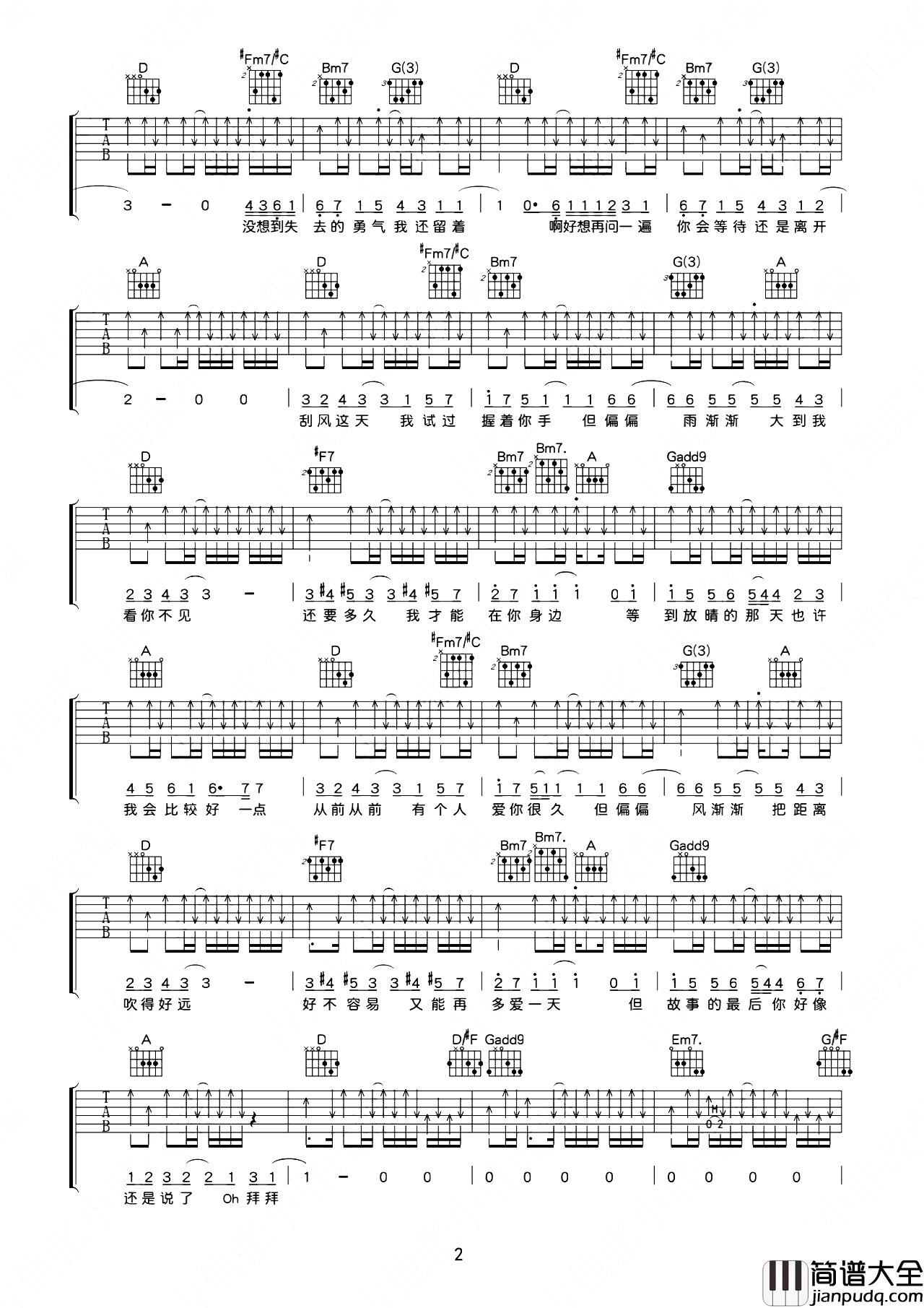 晴天吉他谱_周杰伦_D调改编版弹唱谱_附演示