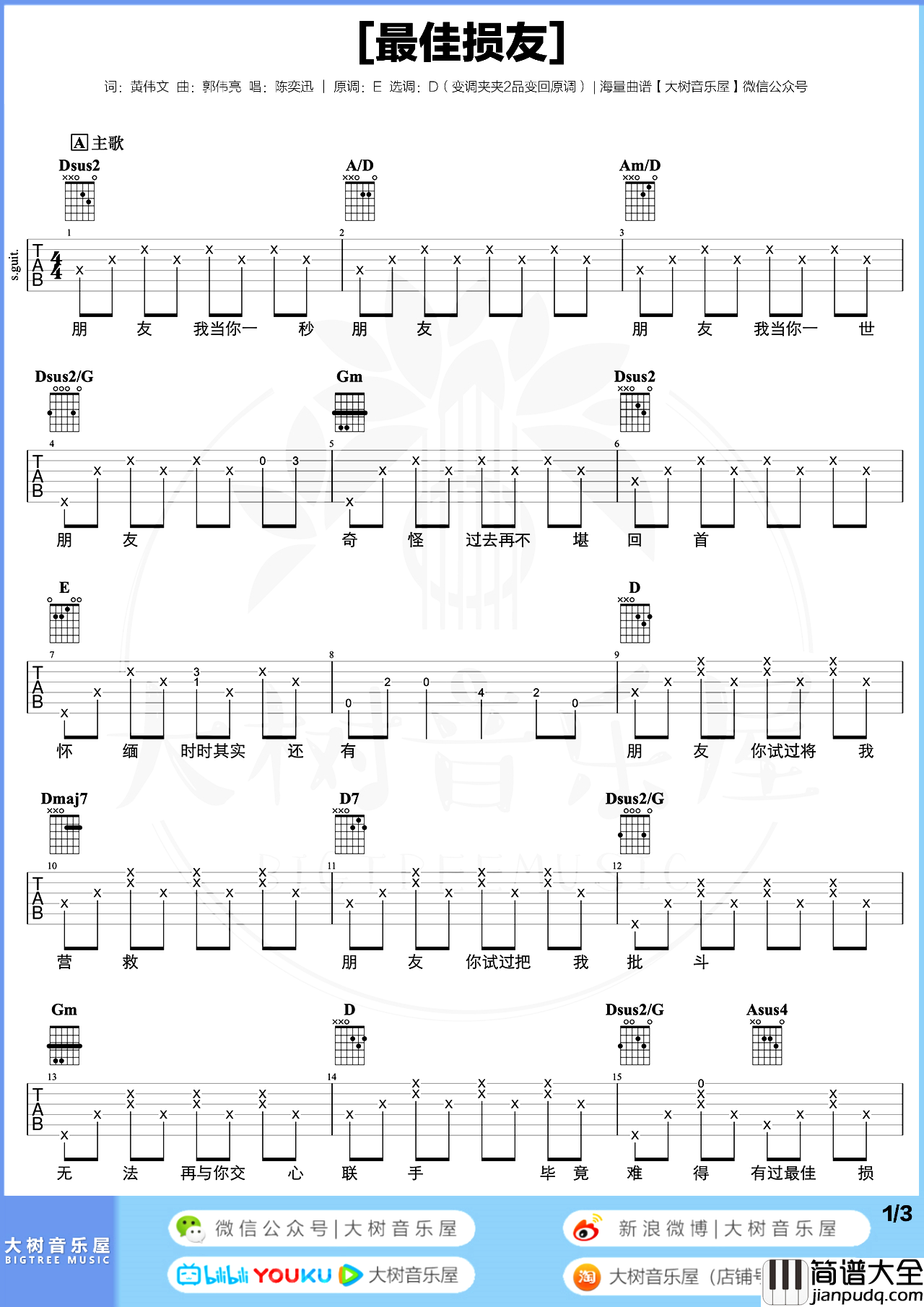 最佳损友吉他谱_陈奕迅_D调原版吉他谱_弹唱演示/教学