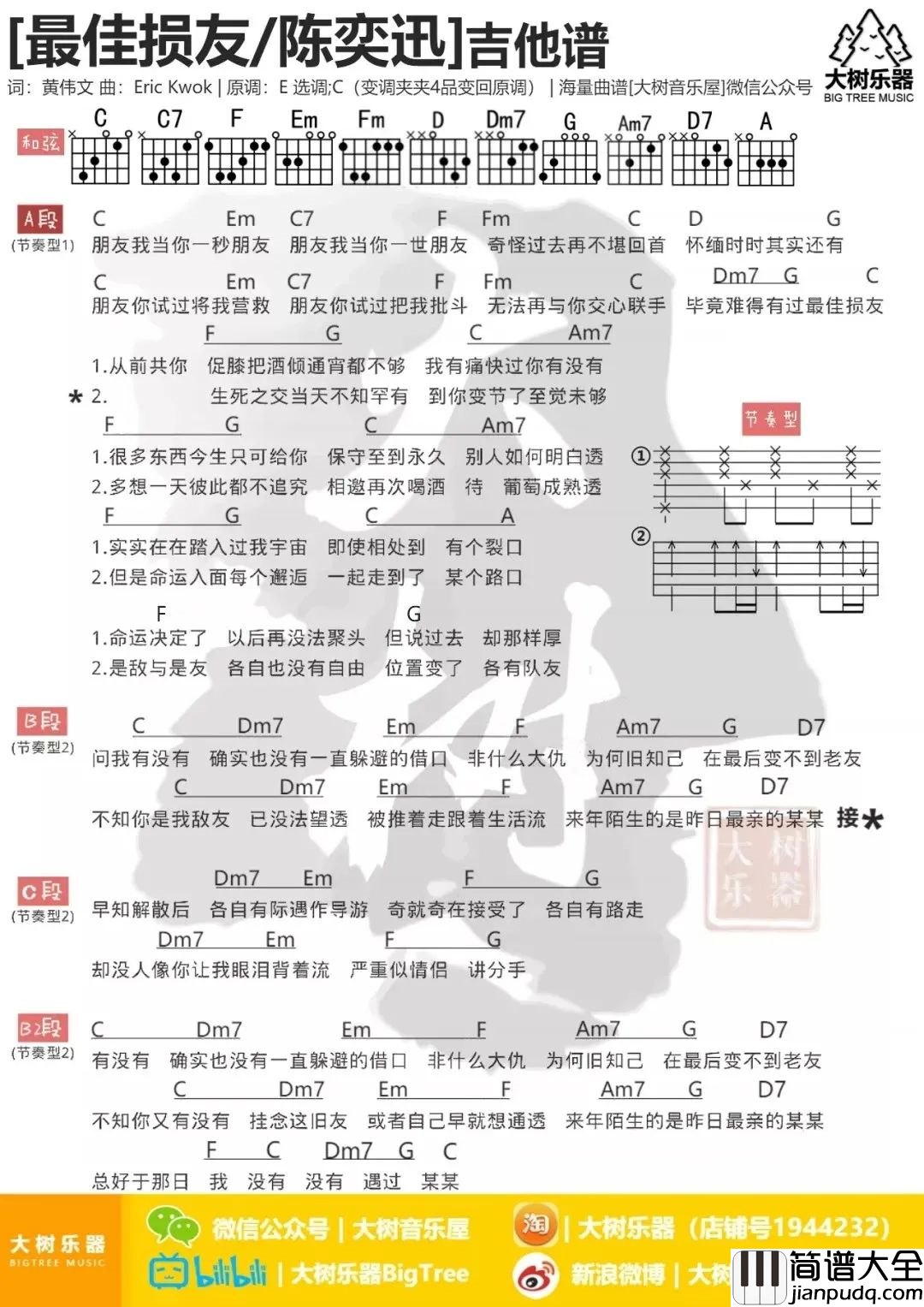 最佳损友吉他谱_陈奕迅_D调原版吉他谱_弹唱演示/教学