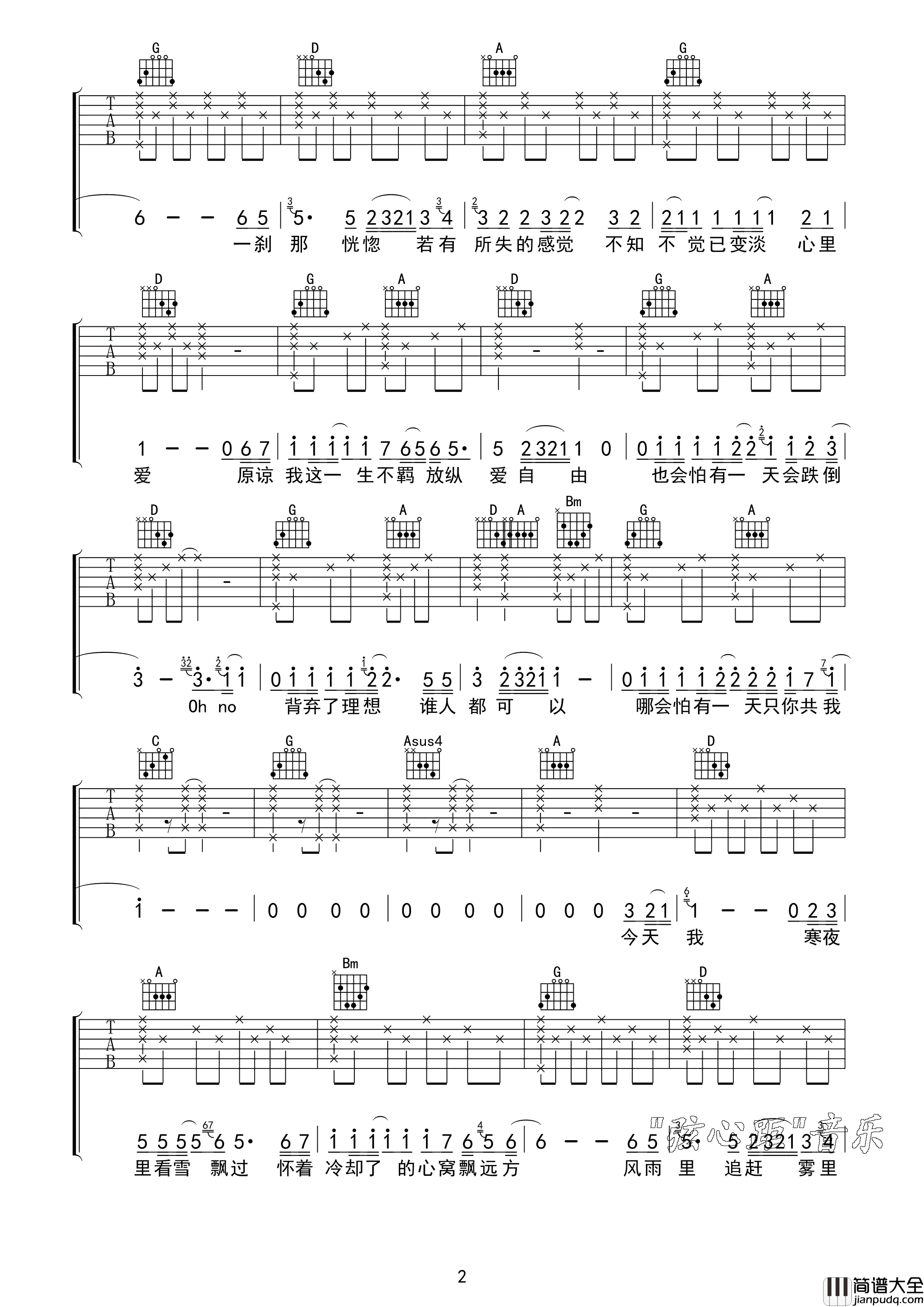 海阔天空吉他谱_Beyond_D调原版编配