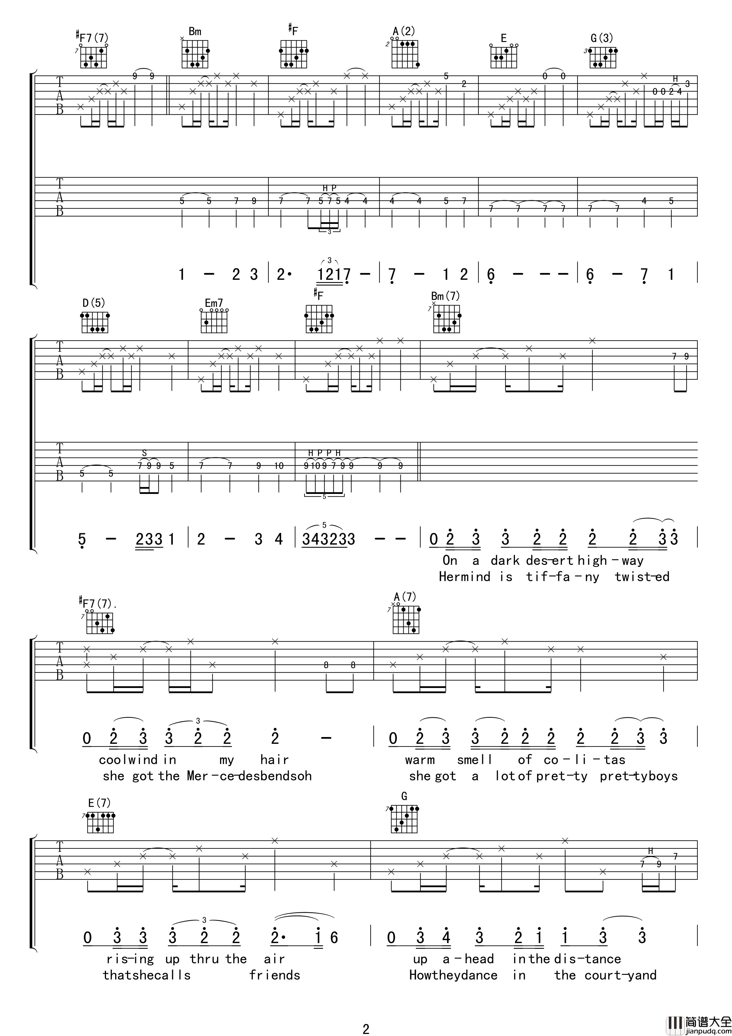 加州旅馆吉他谱_老鹰乐队_D调原版编配