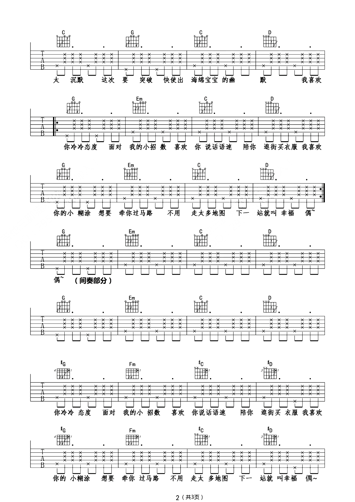 海绵宝宝吉他谱_回音哥_D调拍弦原版_附PDF图片谱