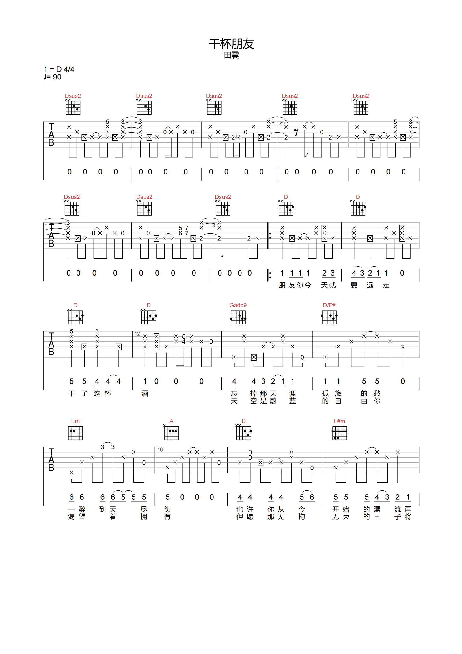 干杯朋友吉他谱_田震_D调完美原版_附PDF图片谱