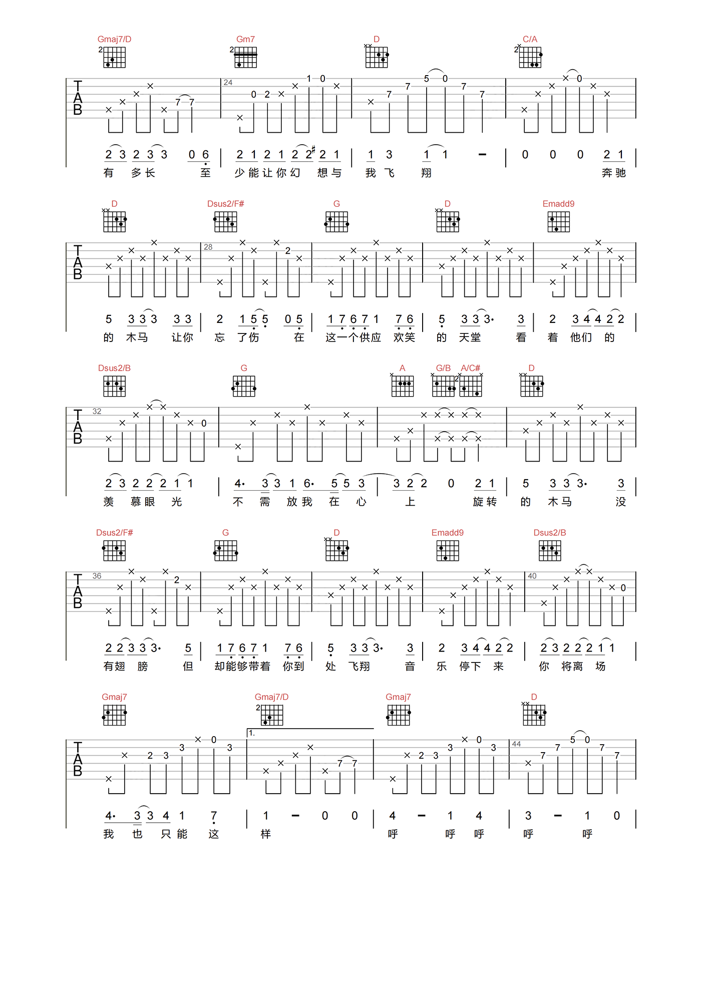 旋木吉他谱_王菲__旋木_D调原版弹唱六线谱