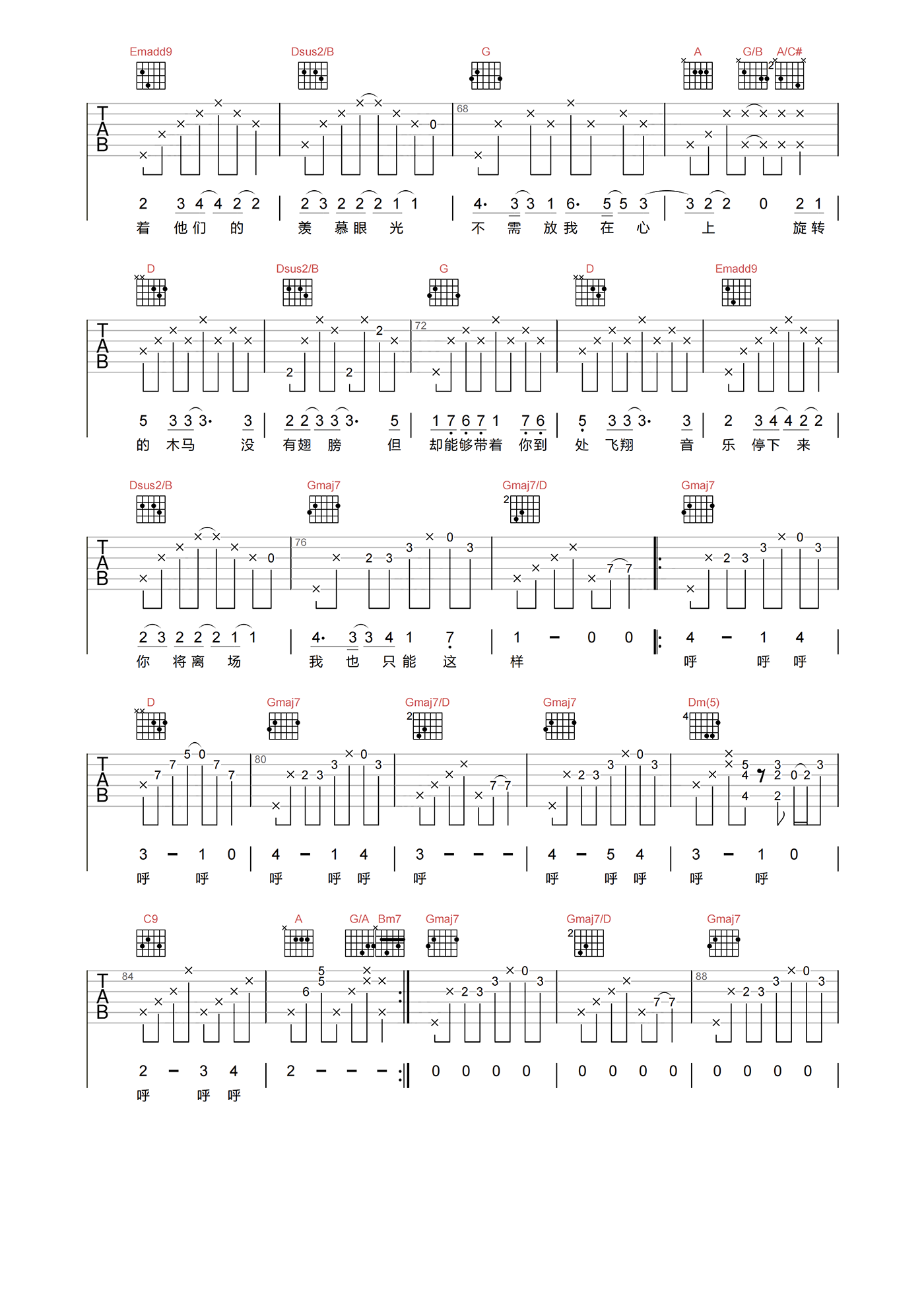 旋木吉他谱_王菲__旋木_D调原版弹唱六线谱