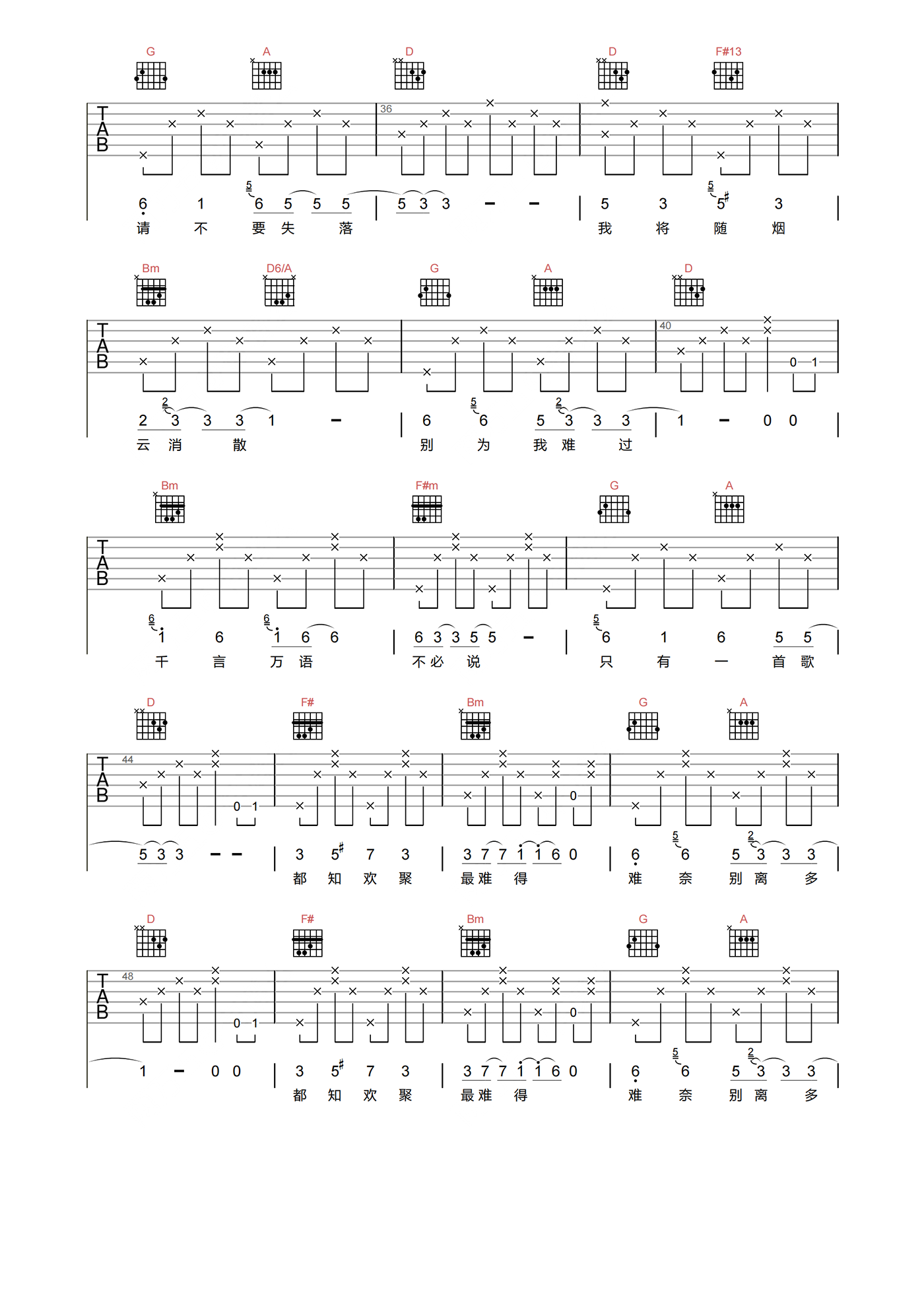 骊歌吉他谱_GALA乐队_D调指法吉他六线谱