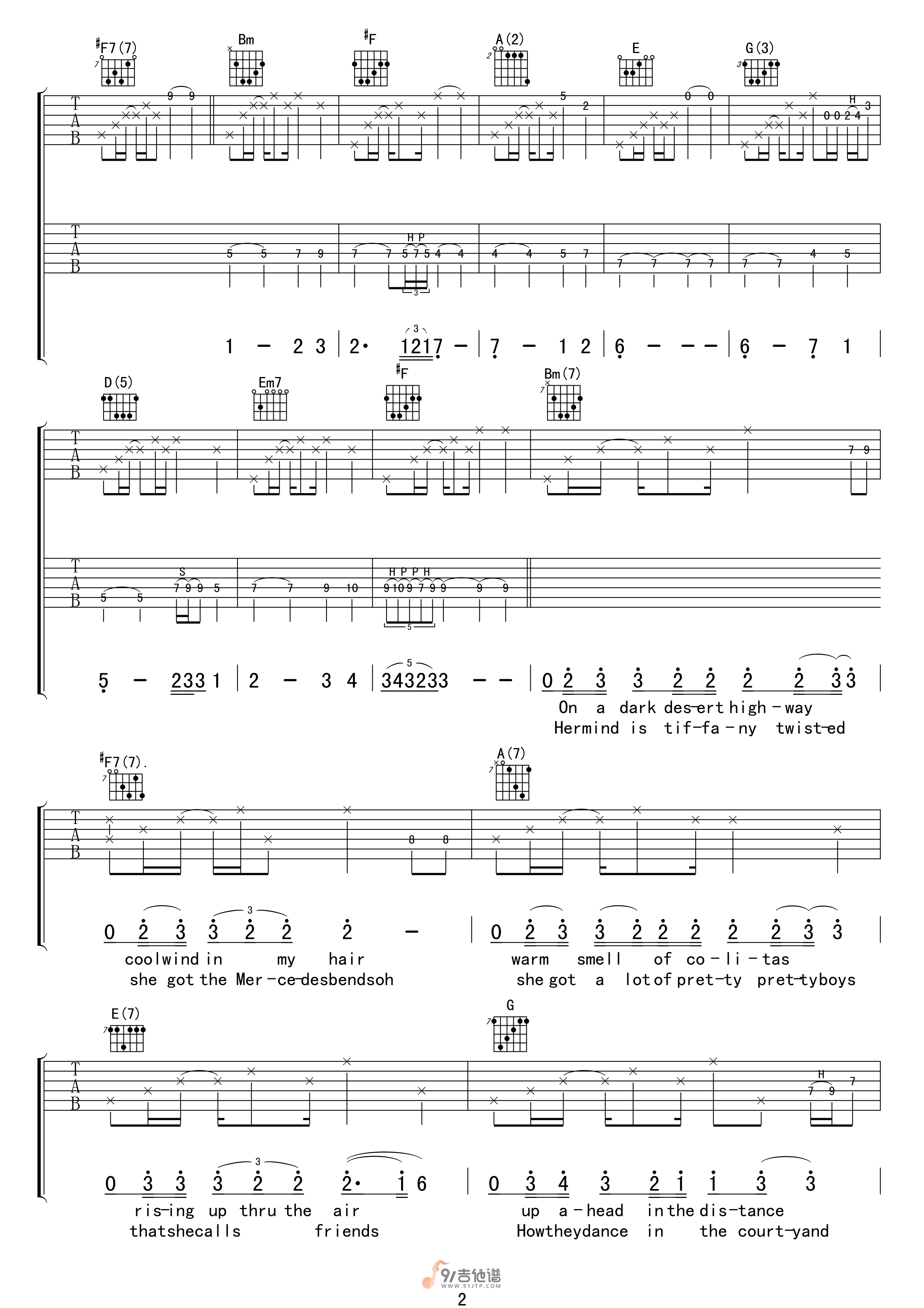 老鹰乐队_加州旅馆_吉他谱_D调指法原版编配_民谣吉他弹唱六线谱