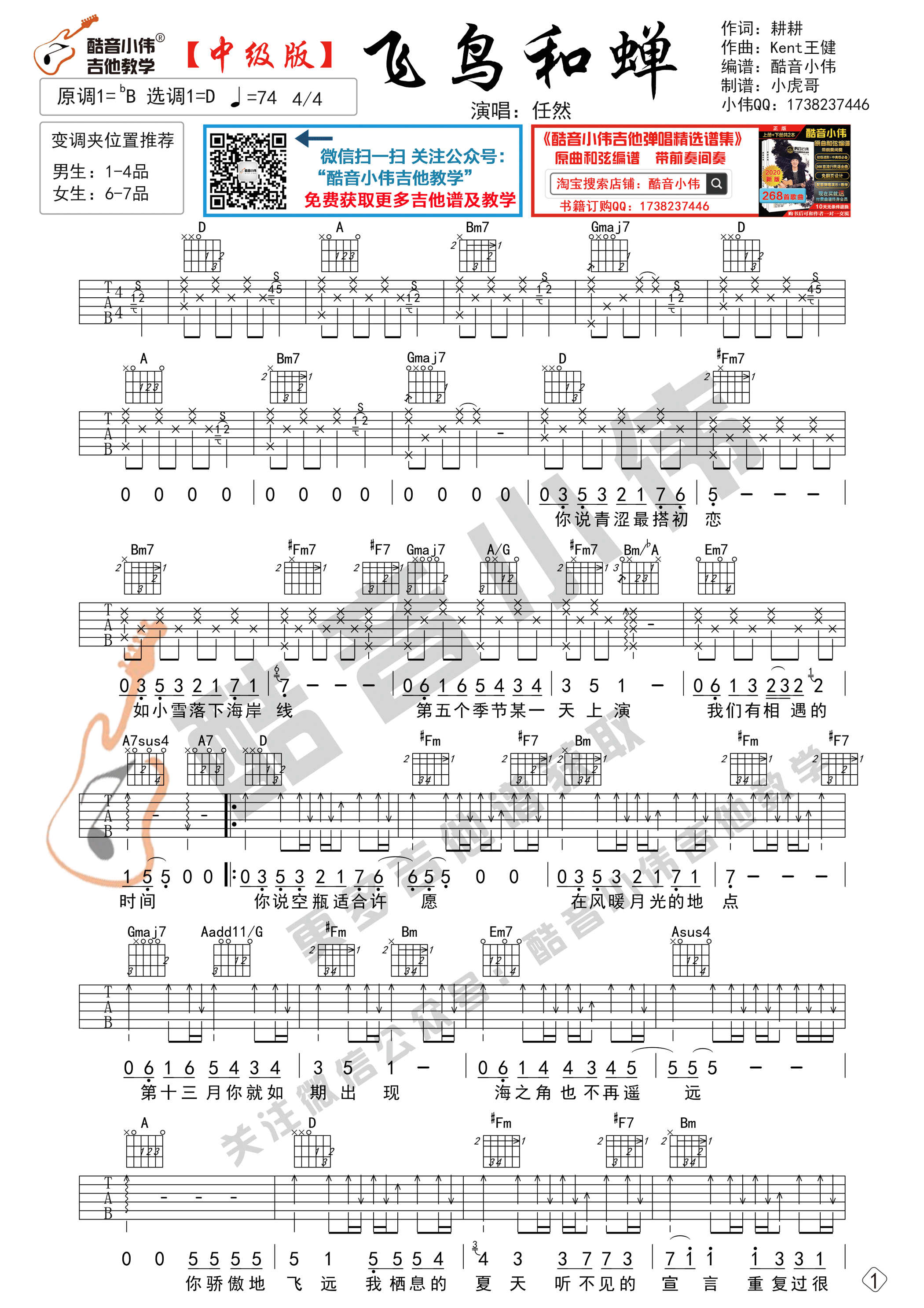 飞鸟和蝉吉他谱_D调精选版_任然