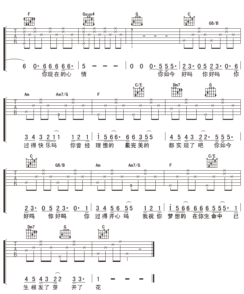 你如今好吗吉他谱_D调女生版_许飞