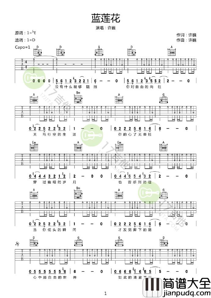 许巍_蓝莲花_D调原版扫弦弹唱吉他谱_图片谱