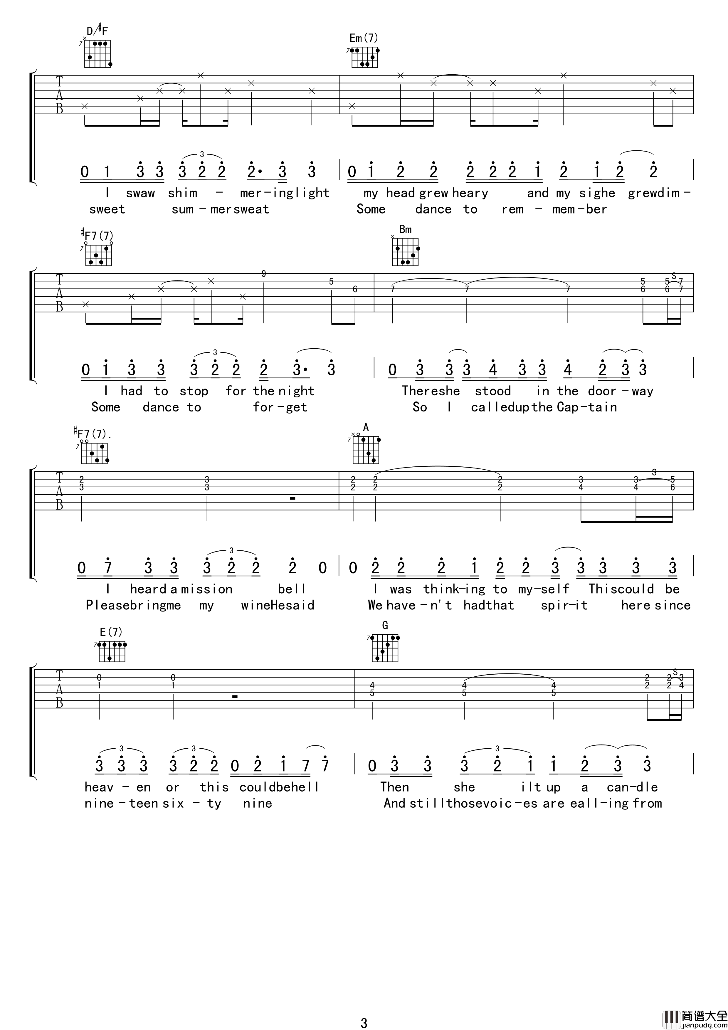 老鹰乐队Hotel_California_加州旅馆_D调弹唱吉他六线谱_原版编配