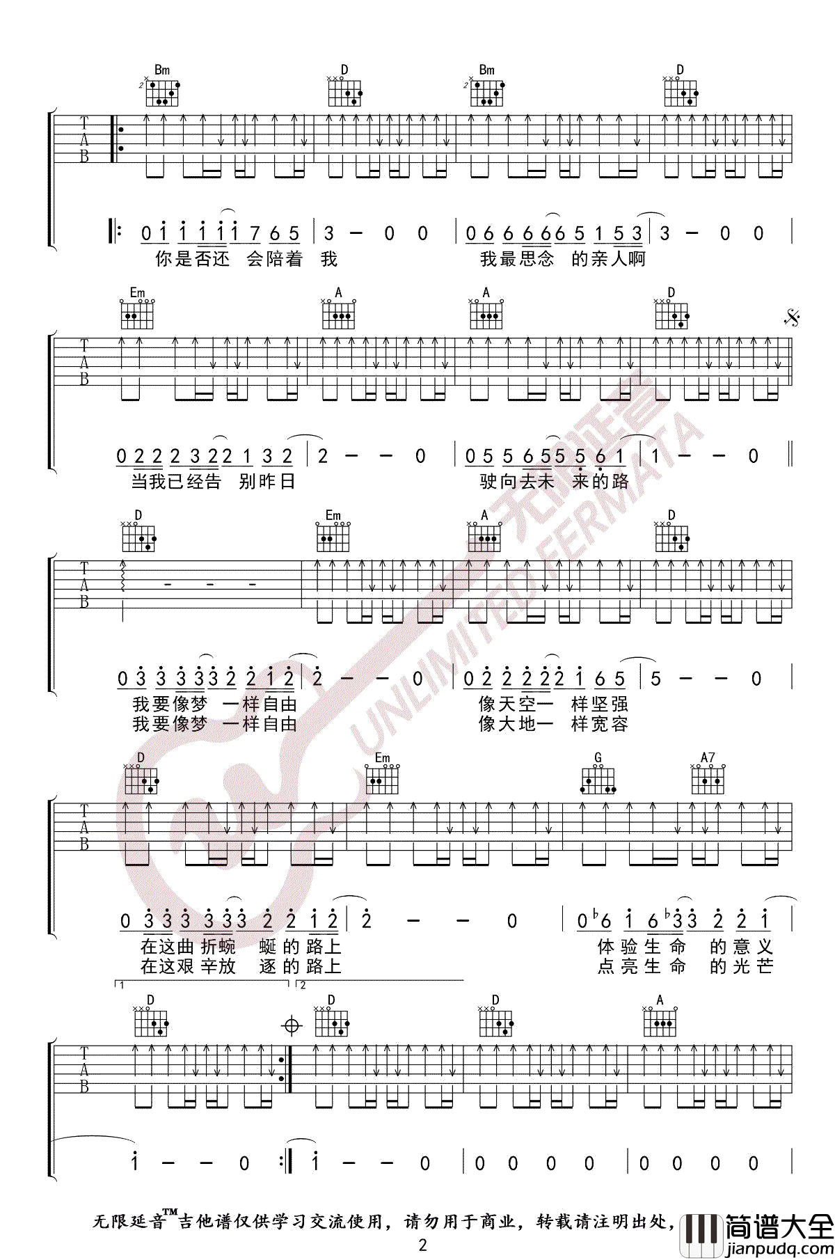 _像梦一样自由_吉他谱_汪峰_D调弹唱六线谱
