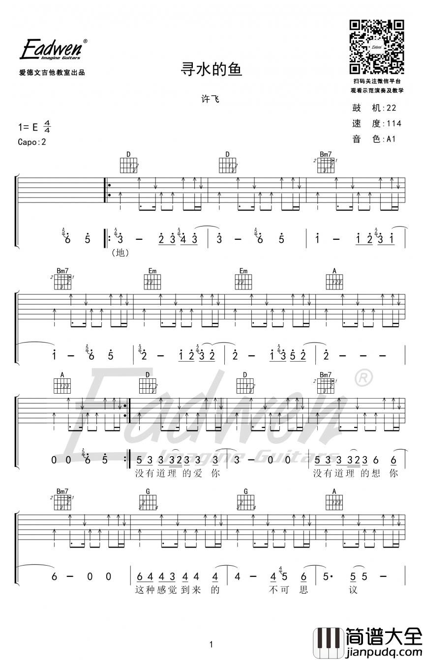 _寻水的鱼_吉他谱_许飞_D调弹唱六线谱
