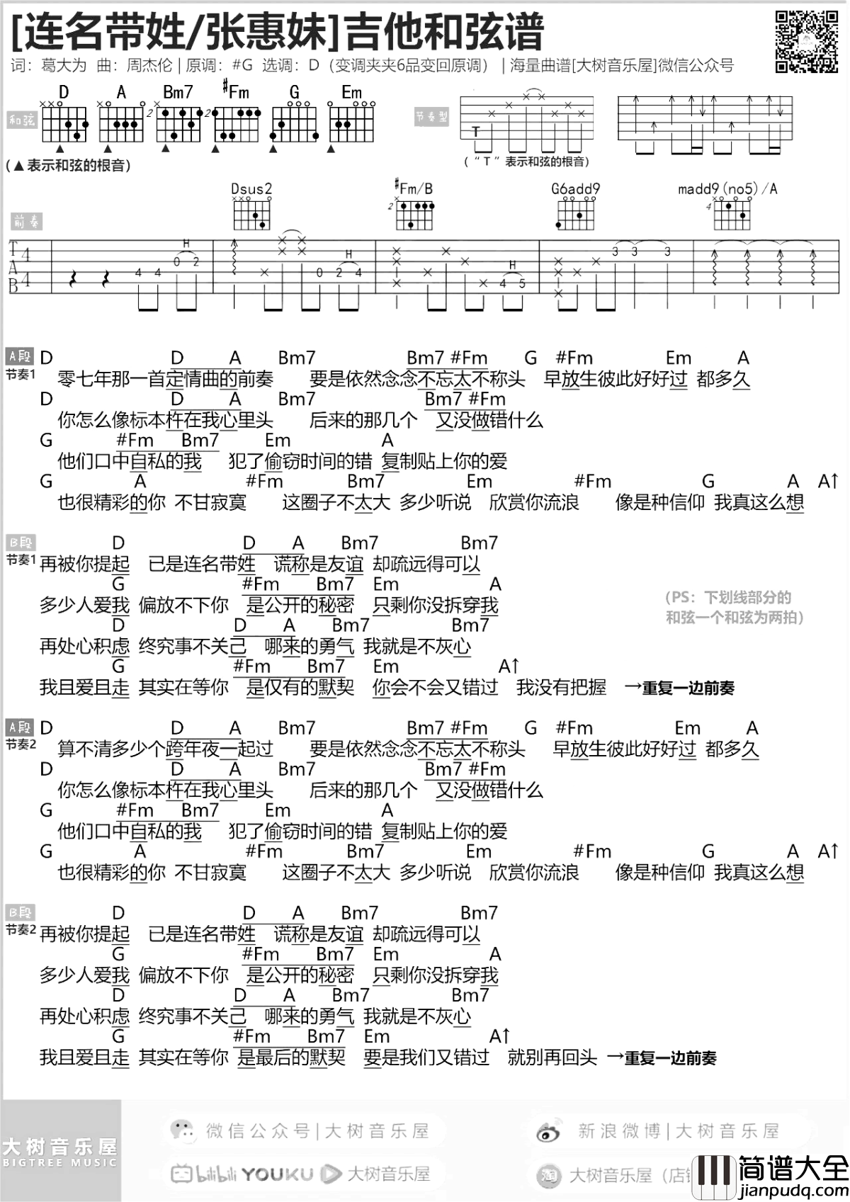 张惠妹_连名带姓_吉他谱_D调弹唱演示_大树音乐屋